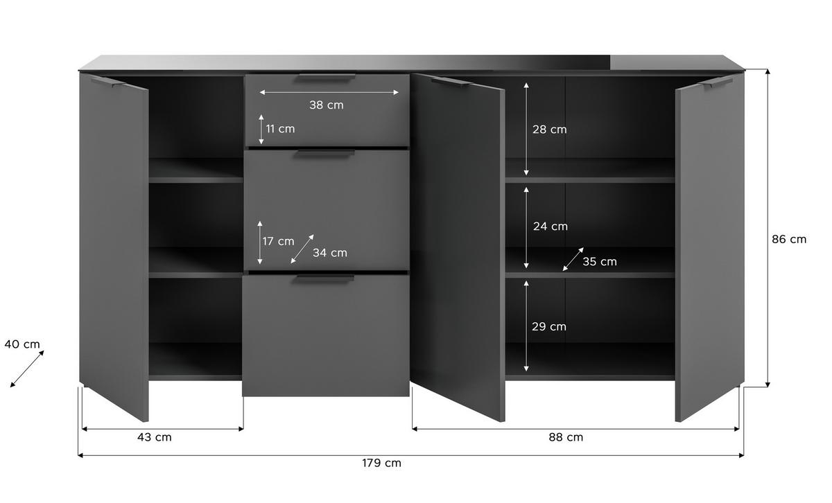 Sideboard Ray Anthrazit B: 179 Cm - Anthrazit, Design, Glas/Holzwerkstoff (179/86/40cm) - Livetastic