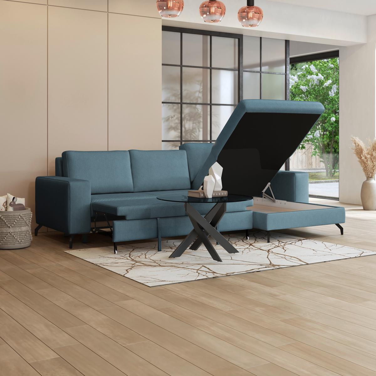 Ecksofa mit Bettkasten Cloud Hellblau Cord 290x178 cm - Hellblau, Trend, Textil (290/178cm)