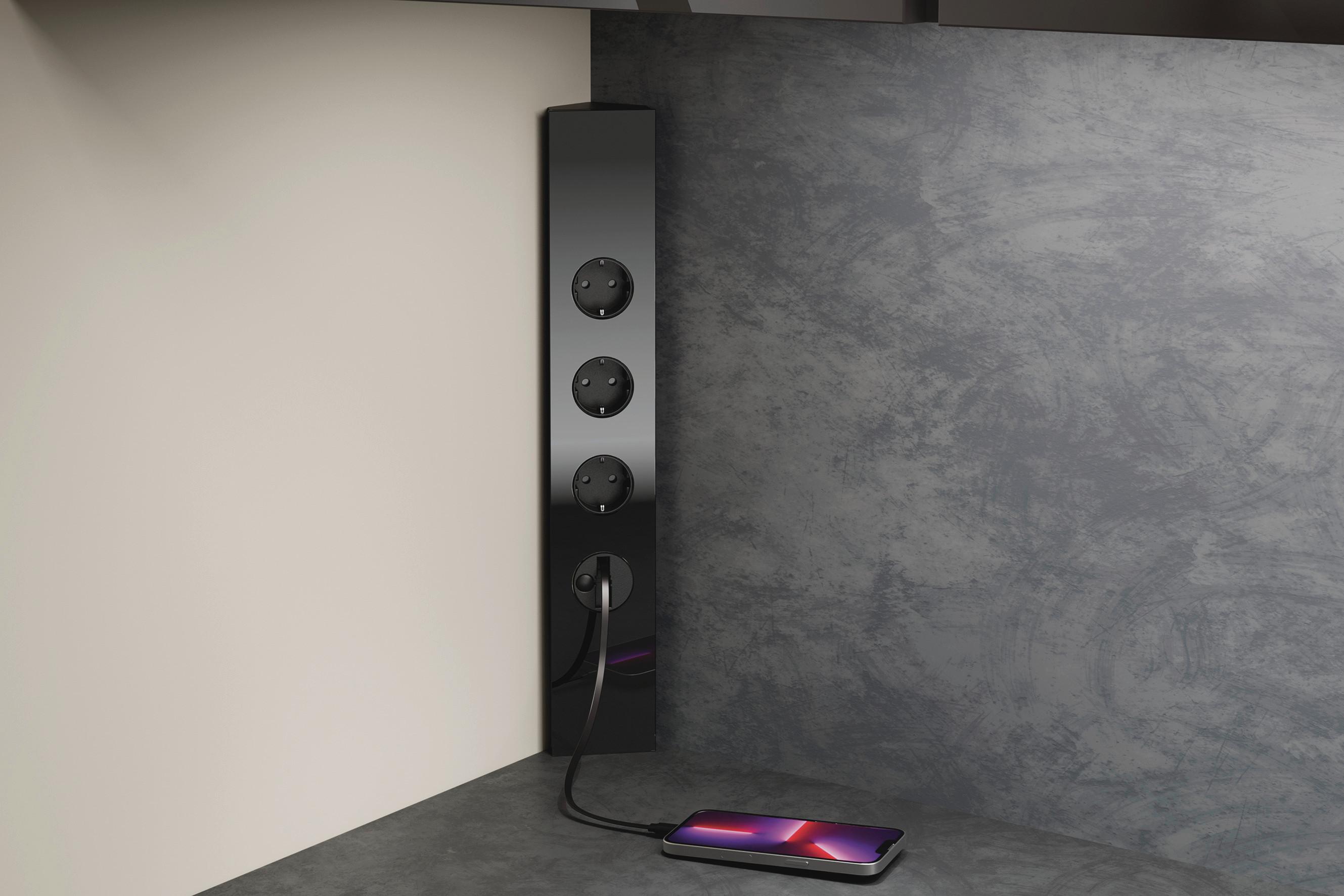 Steckdosenelement Power Eck - Schwarz, MODERN, Glas/Metall (7,5/46/5,7cm)