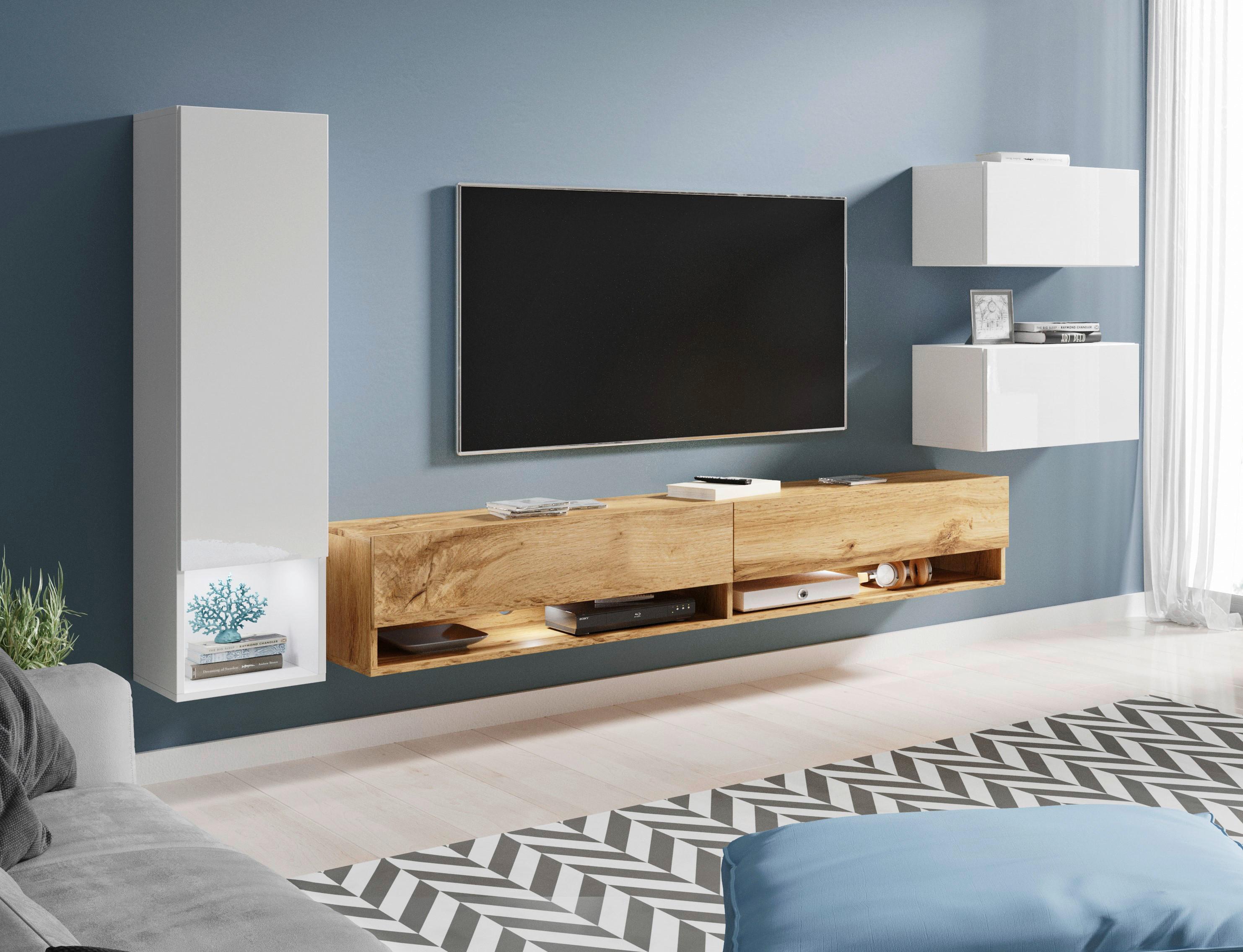 Obývacia stena, 4-dielna sada, s LED osvetlením - biela s vysokým leskom/dub wotan, Lifestyle, kompozitné drevo (270/130/32,5cm) - P & B