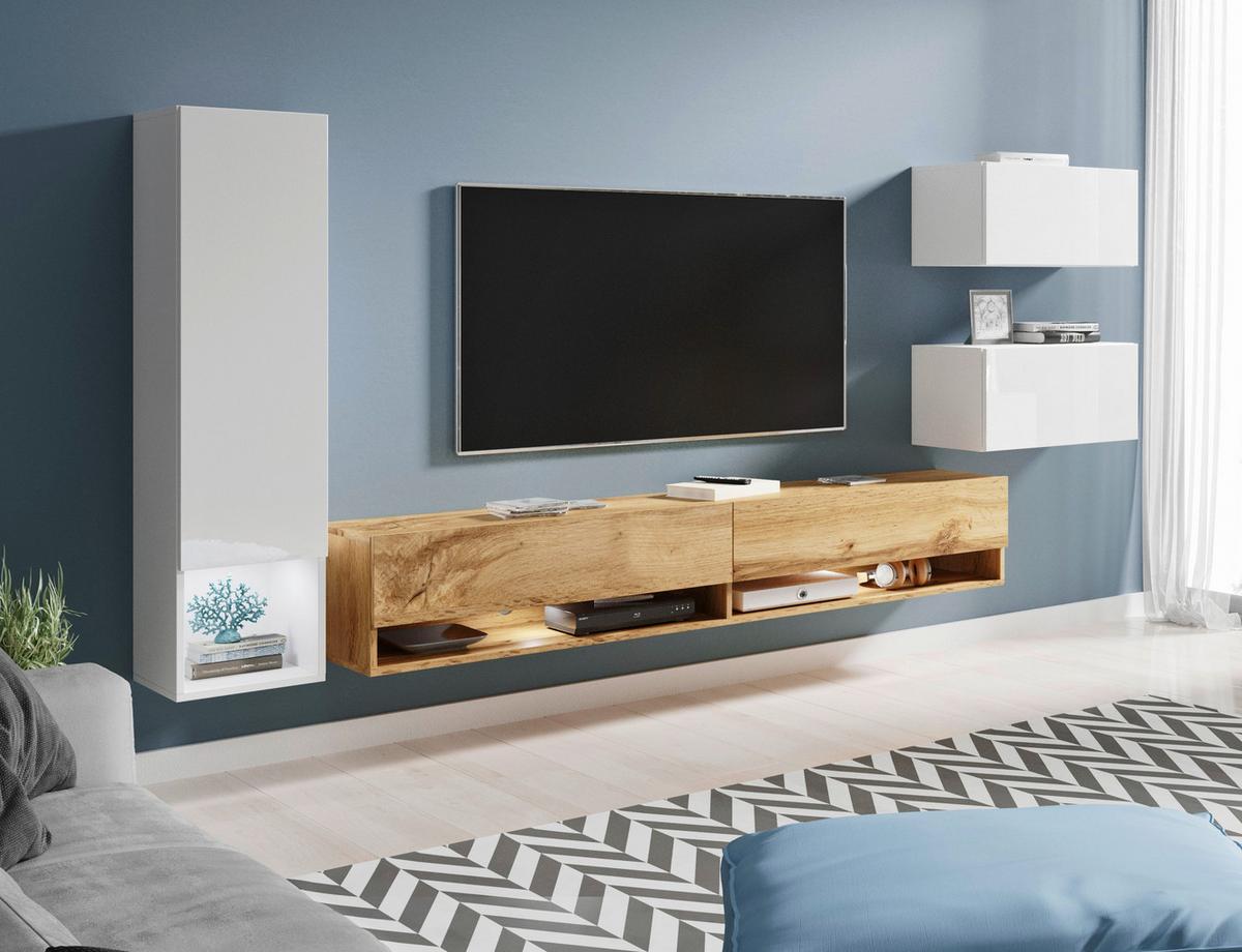 Obývacia stena, 4-dielna sada, s LED osvetlením - biela s vysokým leskom/dub wotan, Lifestyle, kompozitné drevo (270/130/32,5cm) - P & B