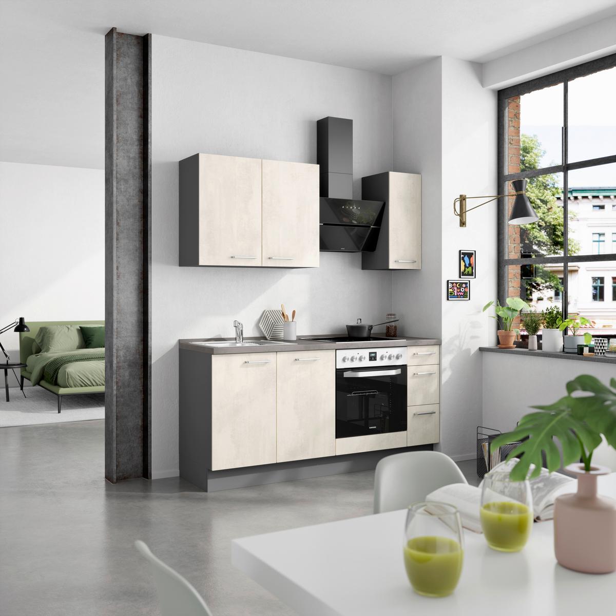 Kuchynská linka 180CM biely betón/ bridlicová šedá - biela/farba ušľachtilej ocele, Modern, kov/kompozitné drevo (180cm) - Nobilia