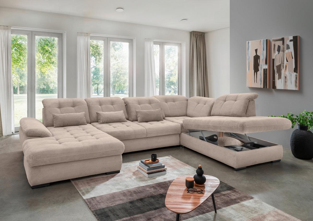 Wohnlandschaft Mit Bettkasten Rigatti Beige B: 387 Cm - Beige/Schwarz, MODERN, Textil (184/387/252cm) - Livetastic