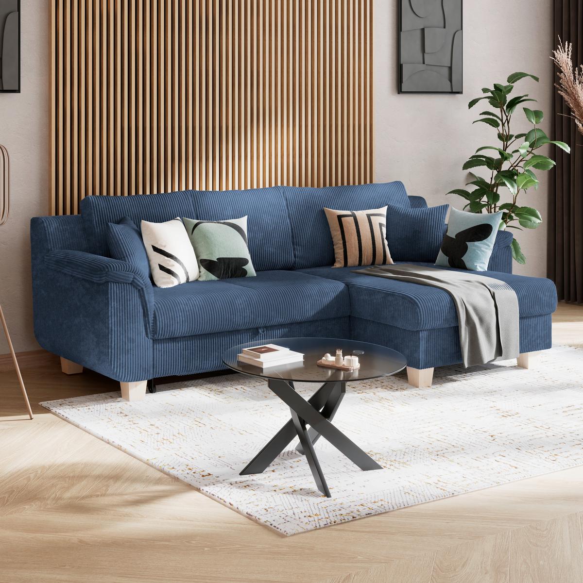 Rohová sedačka ALEX, tmavě modrý manšestr - přírodní barvy/tmavě modrá, Moderní, textil/plast (246/88cm)