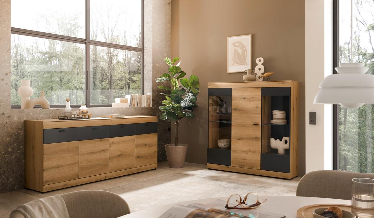 Highboard Soleto Graphit-/Eichefarben B: 140cm - Eichefarben/Schwarz, Design, Glas/Holzwerkstoff (140/141/35cm) - MID.YOU