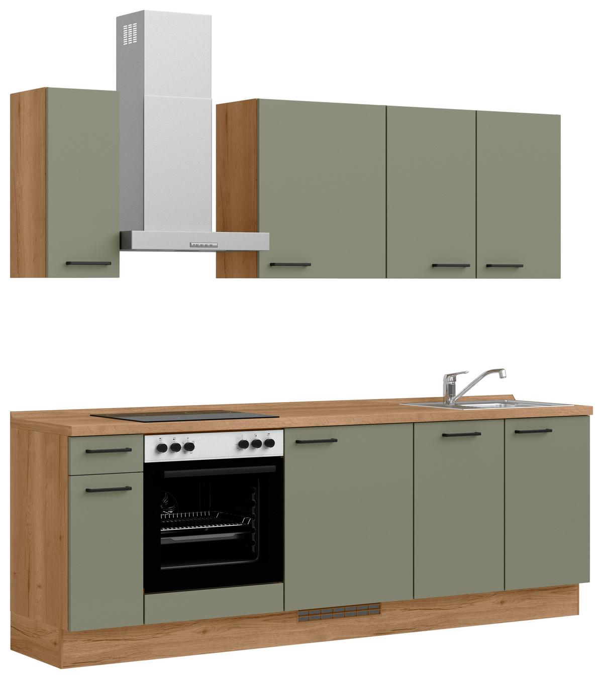 Kuchyňská linka 240 cm olivově zelená - barvy dubu/černá, Moderní, kov/kompozitní dřevo (240cm) - Nobilia