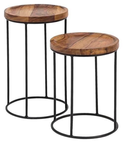 Beistelltisch Mit Holzplatte Rund 2-Er Set Sheesham/schwarz
