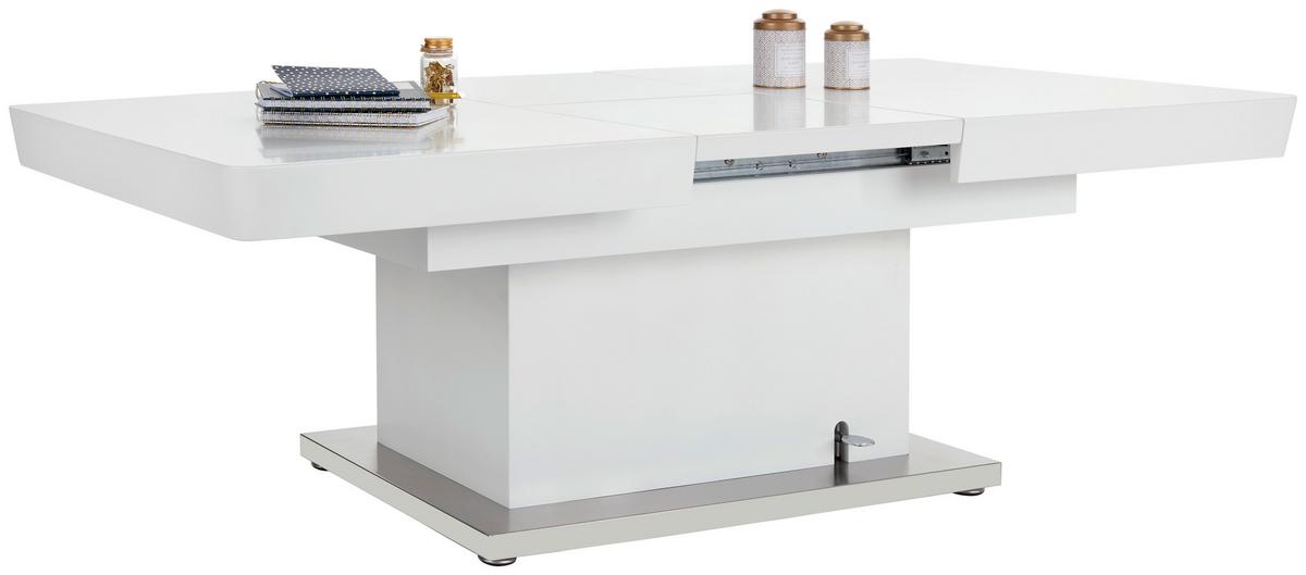 Couchtisch höhenverstellbar + ausziehbar Manchester, Weiß - Edelstahlfarben/Weiß, MODERN, Holzwerkstoff/Metall (120-160/50-78/80cm)