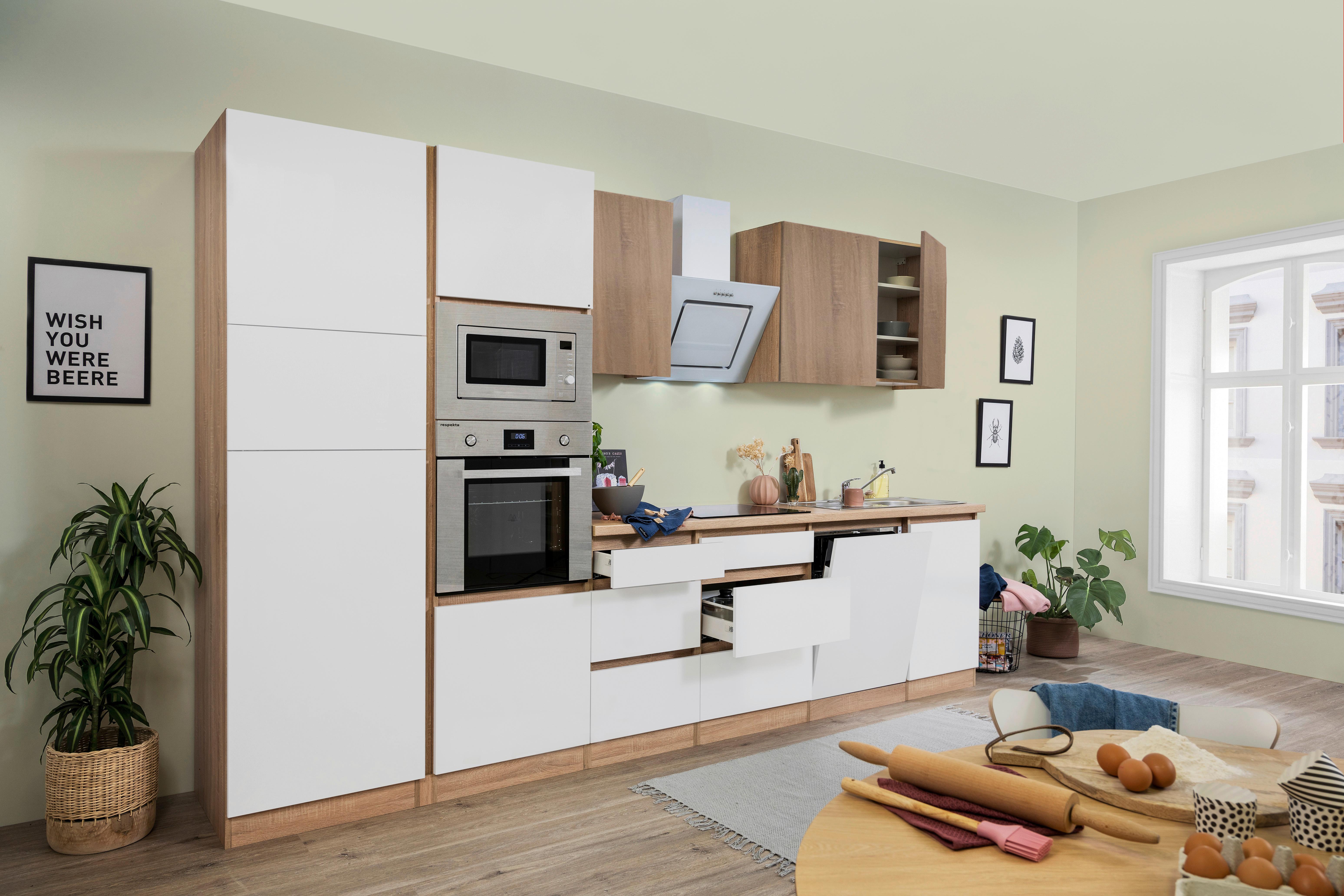 Küchenzeile Premium M. Geräten 345 Cm Weiß/eiche Dekor - Eichefarben/Weiß Hochglanz, Basics, Holzwerkstoff (345cm) - Respekta