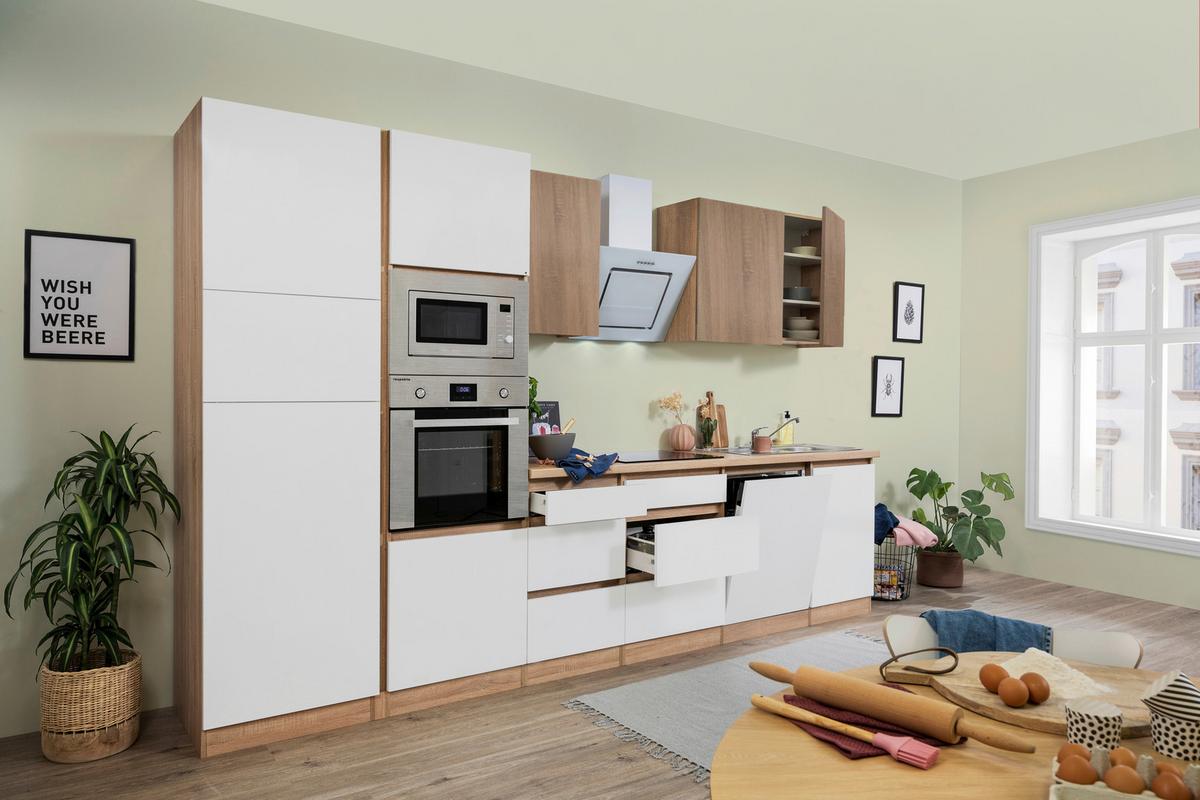 Küchenzeile Premium mit Geräten 345 cm Weiß/Eiche Dekor - Eichefarben/Weiß Hochglanz, Basics, Holzwerkstoff (345cm) - Respekta