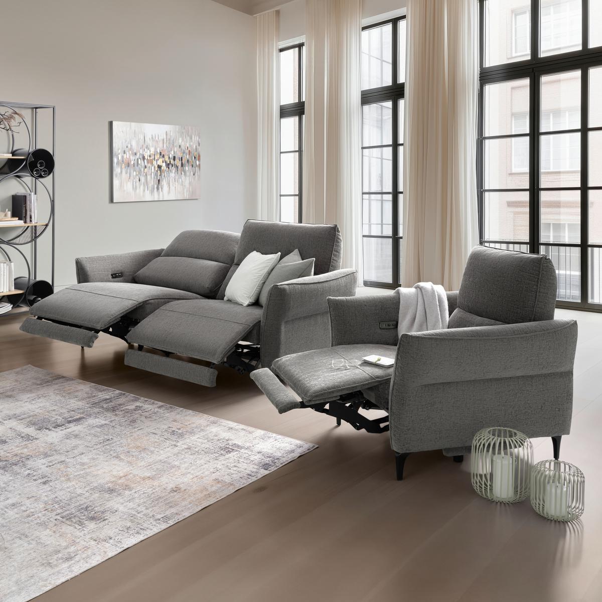 Dvoumístná pohovka CAPE TOWN, šedá, eletrická relax.funkce - černá/tmavě šedá, Moderní, kov/dřevo (200/98/93cm) - Mömax