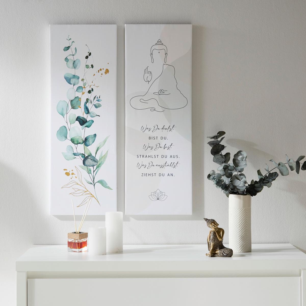 Leinwandbild Blättermotiv Grün/Weiß 77x28x2,3 cm - Weiß/Grün, MODERN (77/28/2,3cm)