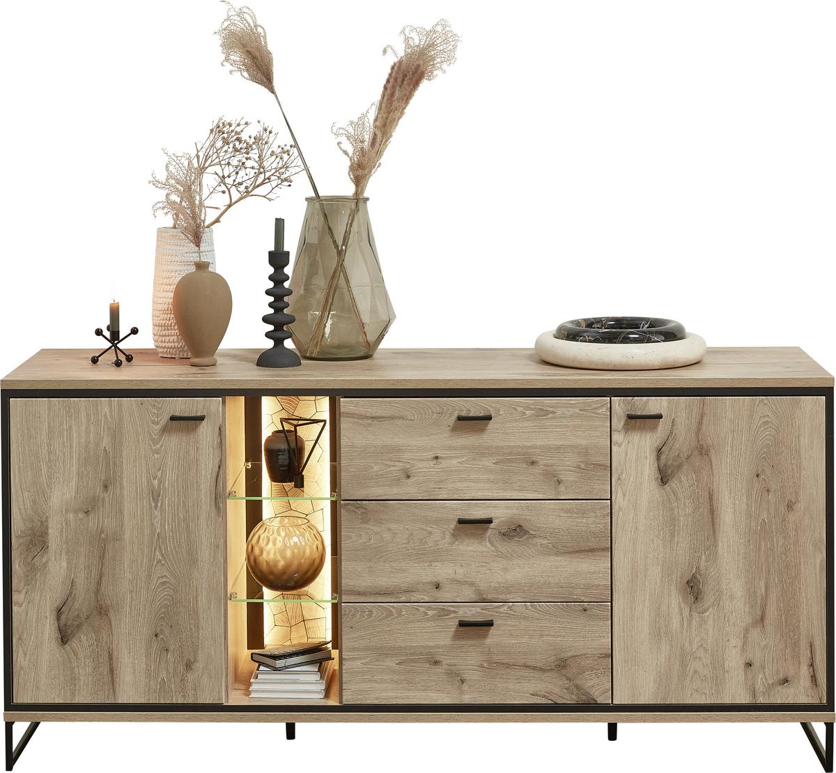 Sideboard Ruben - Eichefarben/Schwarz, KONVENTIONELL, Glas/Holzwerkstoff (180/86/49cm) - Livetastic