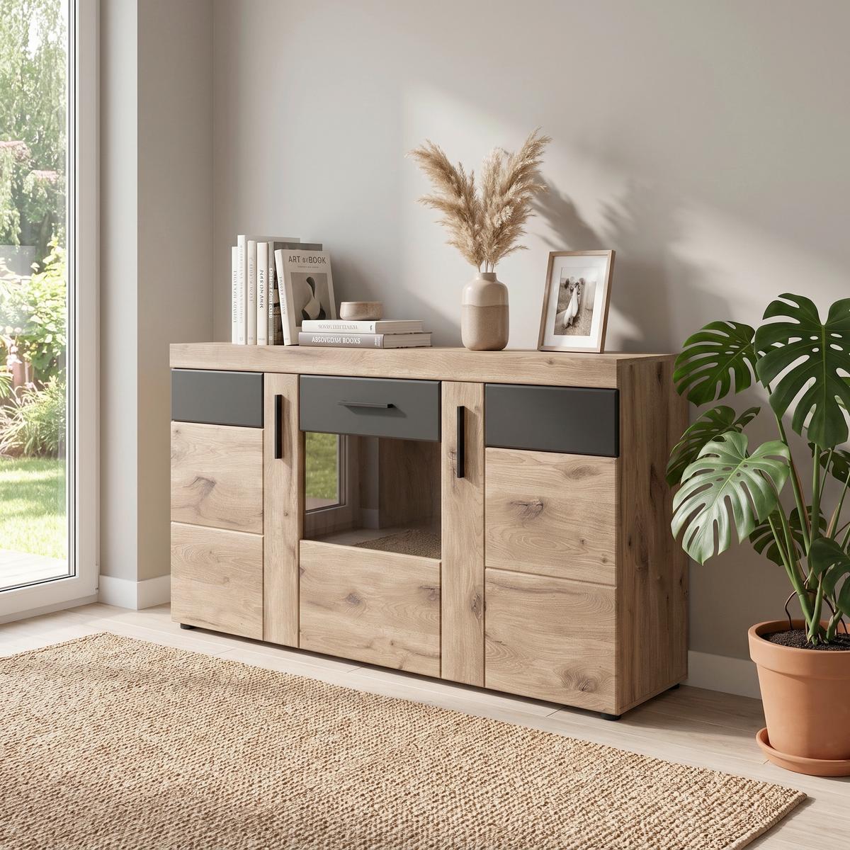 Sideboard Grano Eichefarben B: 157 cm - Eichefarben/Dunkelgrau, Trend, Glas/Holzwerkstoff (157/86/40,9cm)