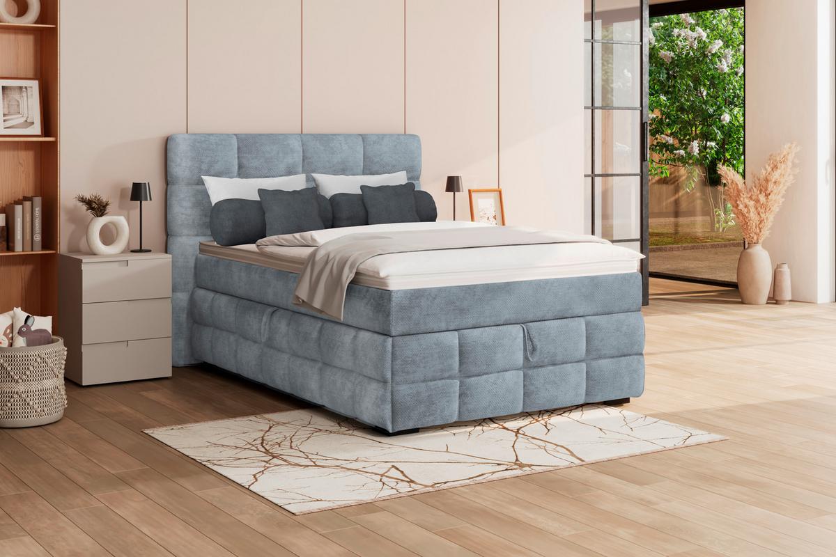 Čalouněná postel VEGA 140x200 cm, světle modrá - černá/zelená, Trend, dřevo/textil (140/200cm)