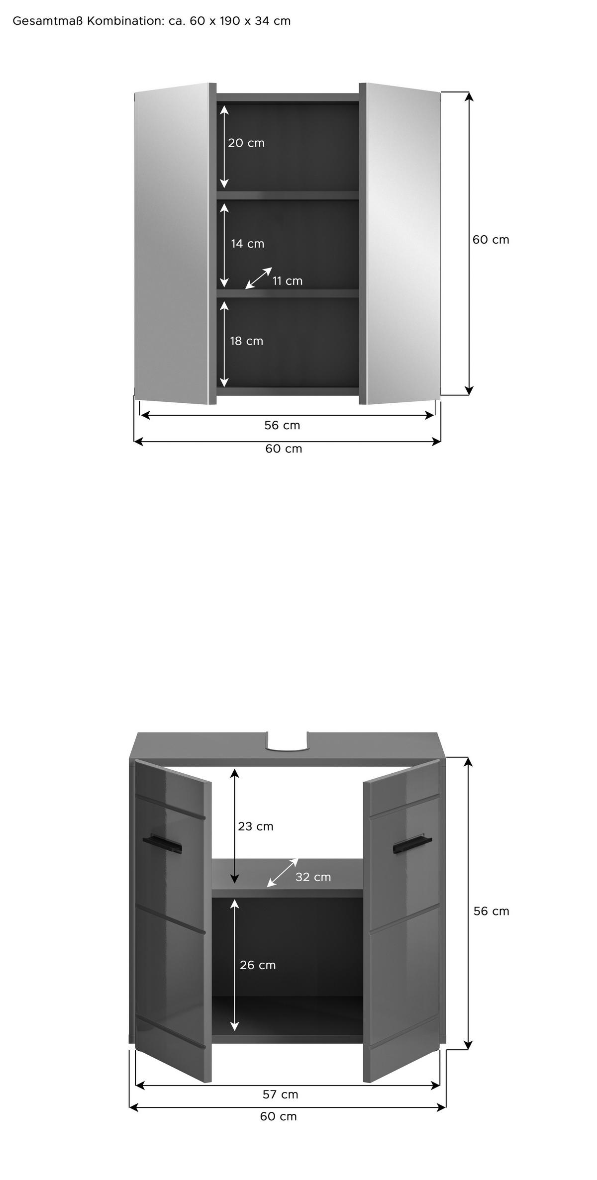Badezimmer Soft Grau Hg B: 60 cm - Grau Hochglanz/Schwarz, MODERN, Holzwerkstoff (60cm) - MID.YOU