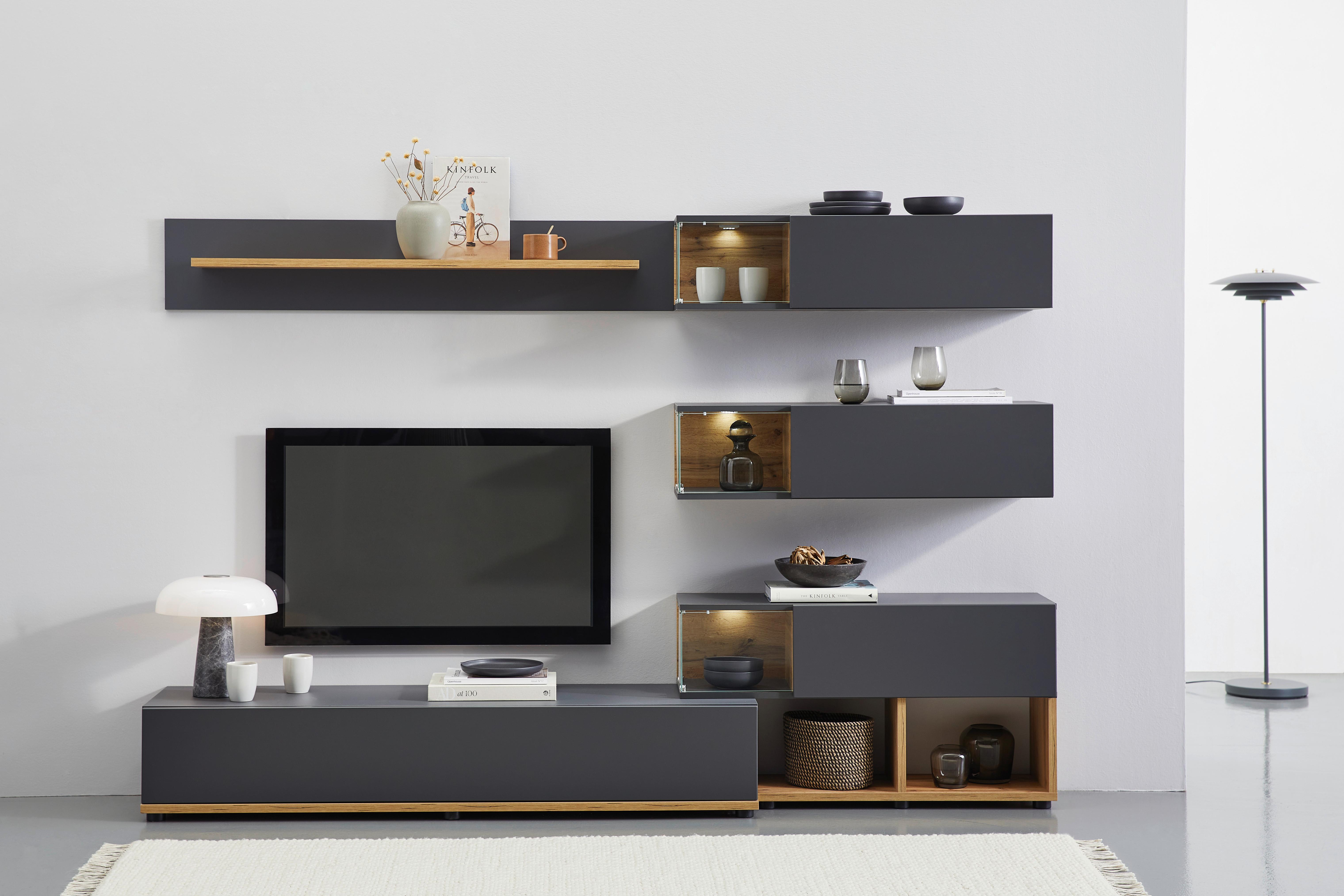 Wohnwand Modern 3 -Teilig. Silk Wotaneiche Dekor/Anthrazit - Eichefarben/Anthrazit, MODERN, Glas/Holzwerkstoff (240/150/40cm) - Livetastic