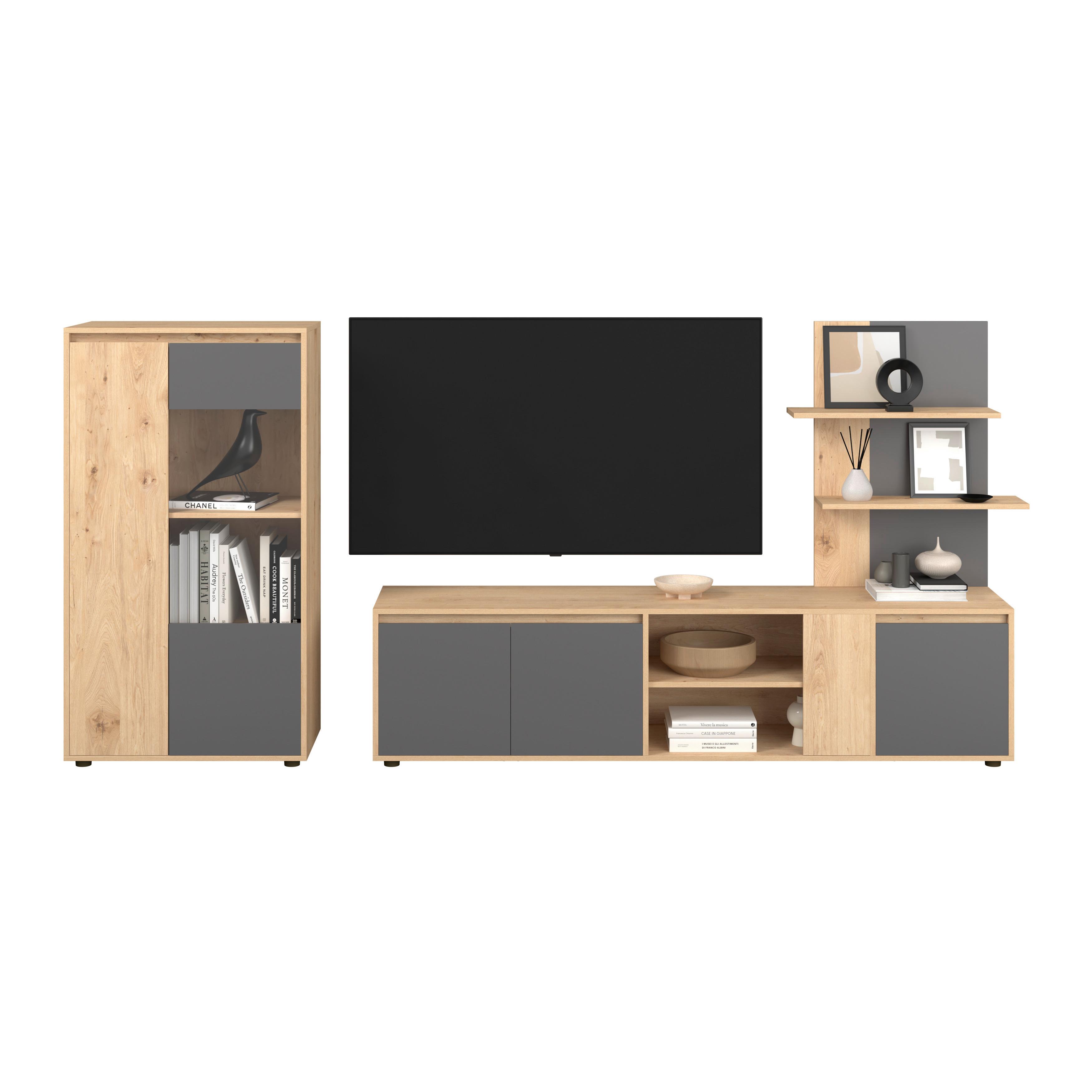 Wohnwand Anthrazit/Eichefarben B: 268cm - Anthrazit/Schwarz, MODERN, Glas/Holzwerkstoff (268/134/40,3cm)