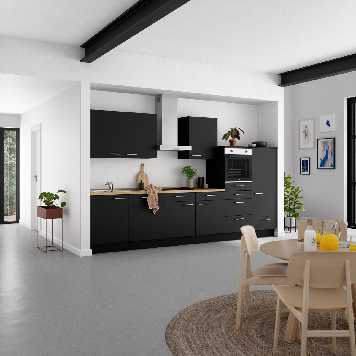 Kuchyňská linka 360 cm, černá matná - černá/barvy dubu, Moderní, kov/kompozitní dřevo (360cm) - Nobilia