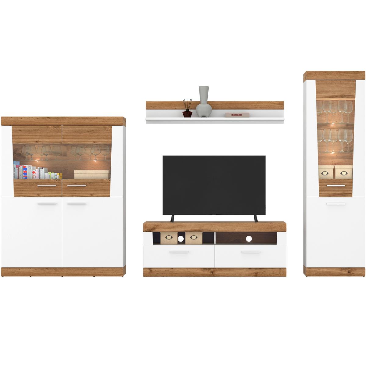 Highboard Merida Eiche Wotan/Weiß B: 120 cm - Weiß Hochglanz/Eiche Wotan, ROMANTIK / LANDHAUS, Glas/Holzwerkstoff (120/157,75/35,9cm) - MID.YOU