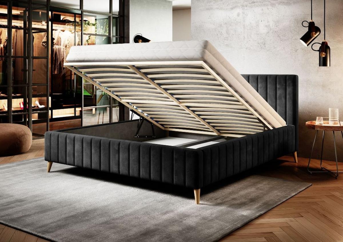 Posteľ Tamina s roštom a úložným priestorom 160x200cm - prírodná farba/tmavosivá, Design, drevo/textil (160/200cm)