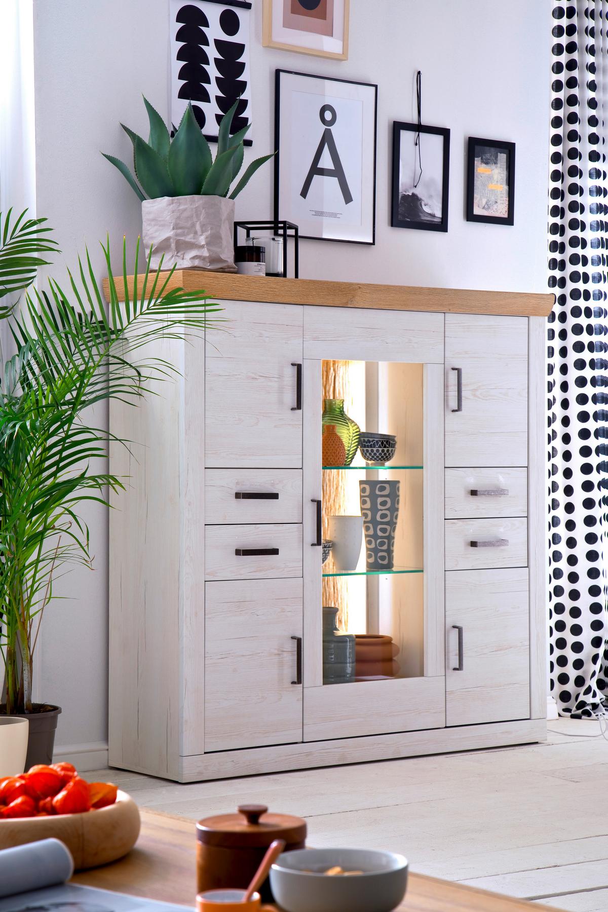 Highboard B: 142 cm Madrdi Eiche-/Pinienfarben - Eichefarben/Schwarz, Design, Glas/Holzwerkstoff (142/142/40cm) - MID.YOU