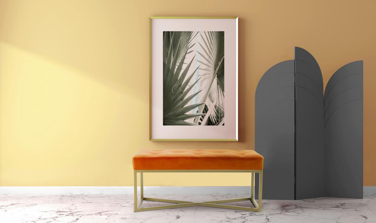 Lavica DIAZ - oranžová/zlatá, Design, kov/kompozitné drevo (40/40/90cm) - MID.YOU