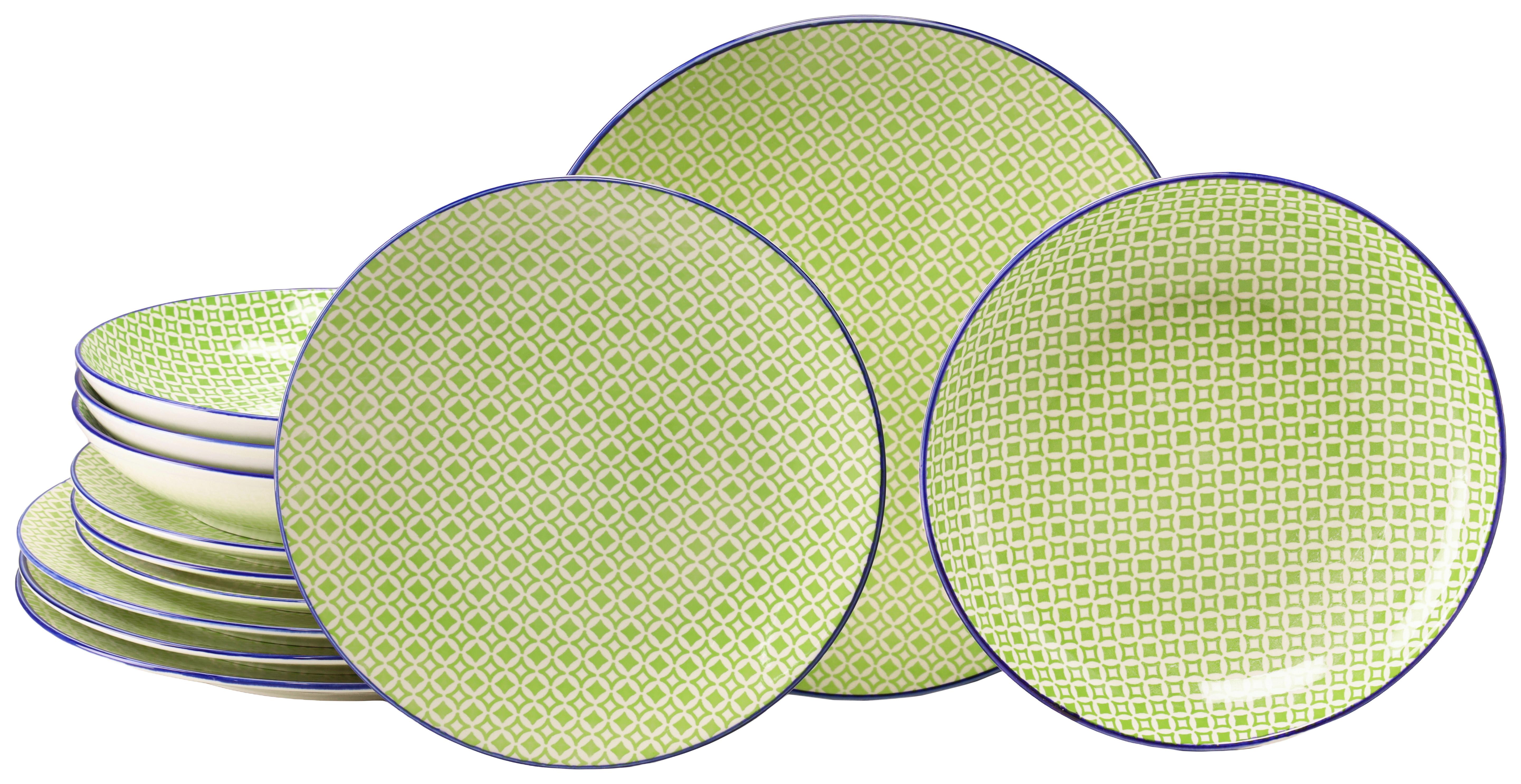 Tafelservice Keramik, Weiß/Grün, 12--Teilig. - Weiß/Hellgrün, Basics, Keramik - Creatable