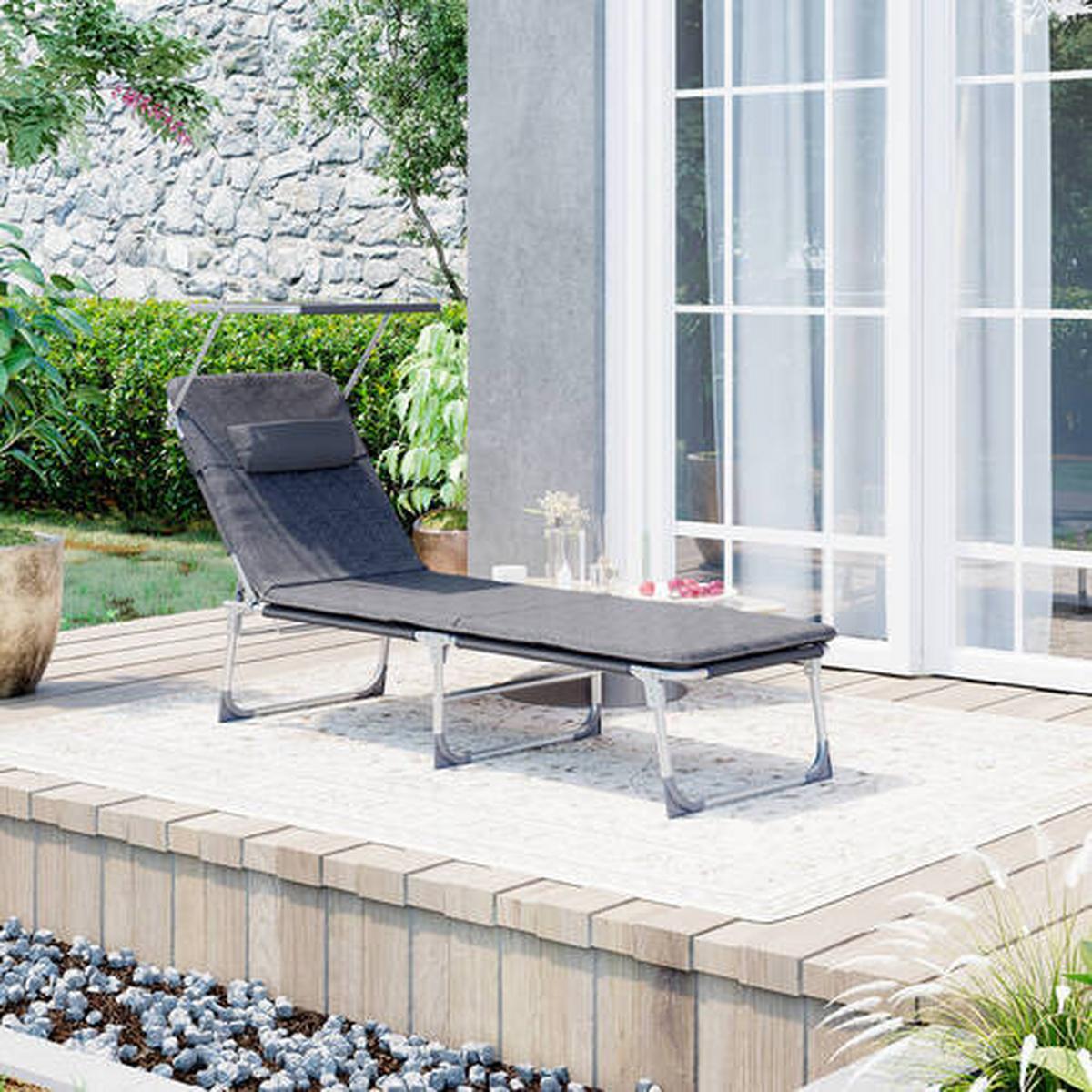 Sonnenliege Hellgrau inkl. Sonnendach, B: 53 cm - Hellgrau, Basics, Textil/Metall (53/29,5/193cm) - Modante
