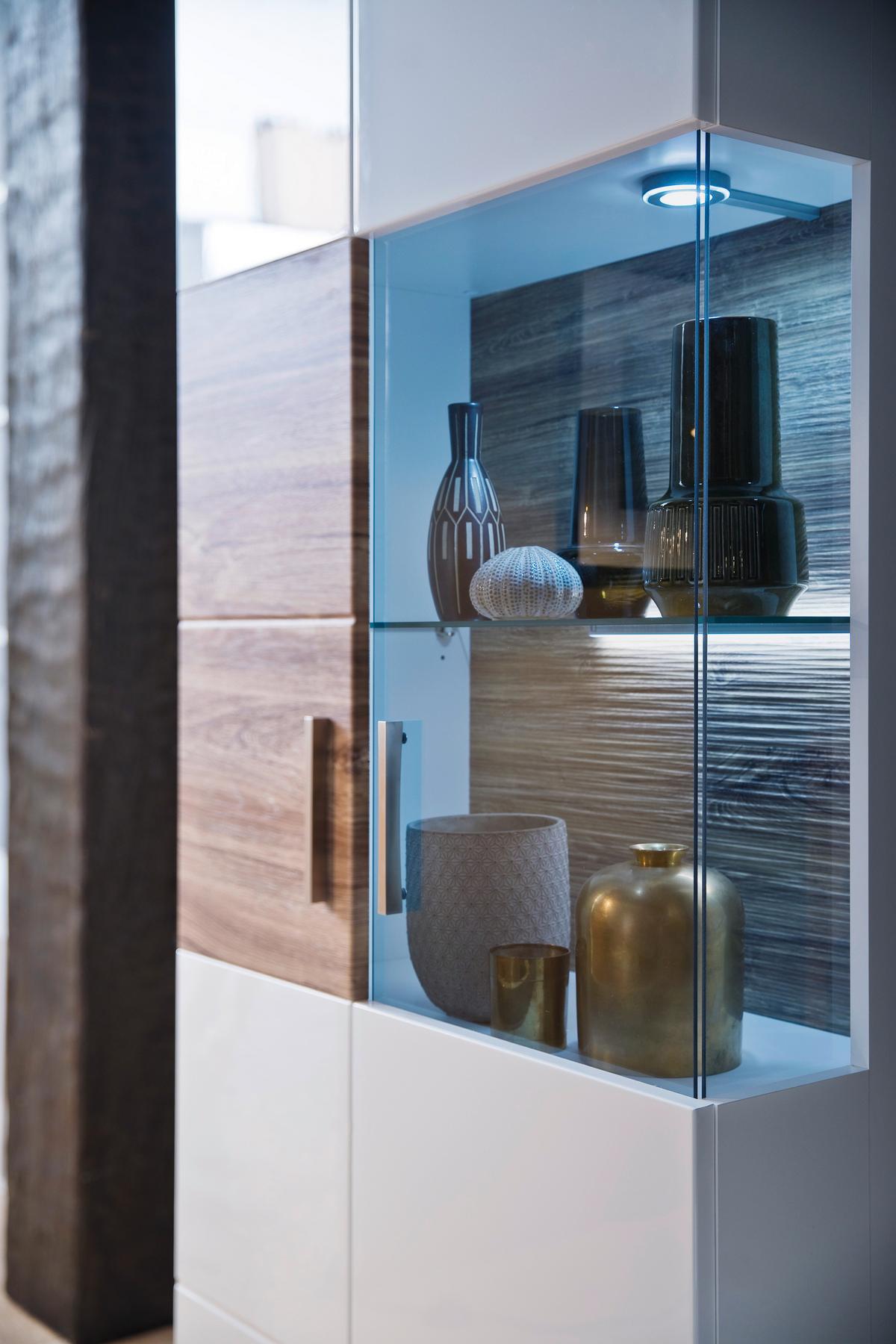 Vitrine Luzern B: 70 cm Weiß/Eichefarben - Eichefarben/Weiß, Design, Glas/Holzwerkstoff (70/199/37cm) - Livetastic