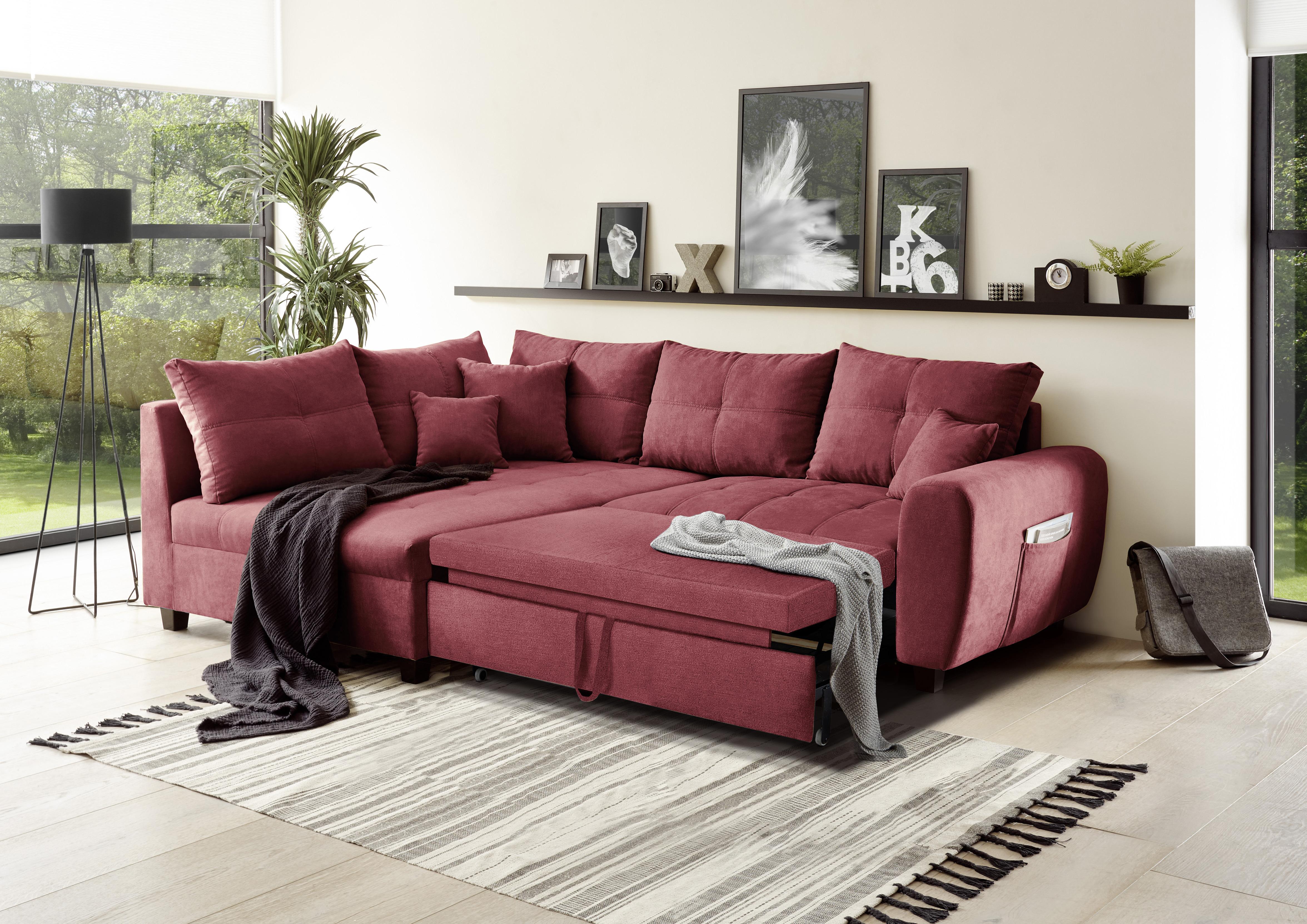 Ecksofa Mit Schlaffunktion + Kissen Lea, Polyester-Nylon - Beere/Schwarz, Basics, Holzwerkstoff/Textil (176/248cm) - MID.YOU