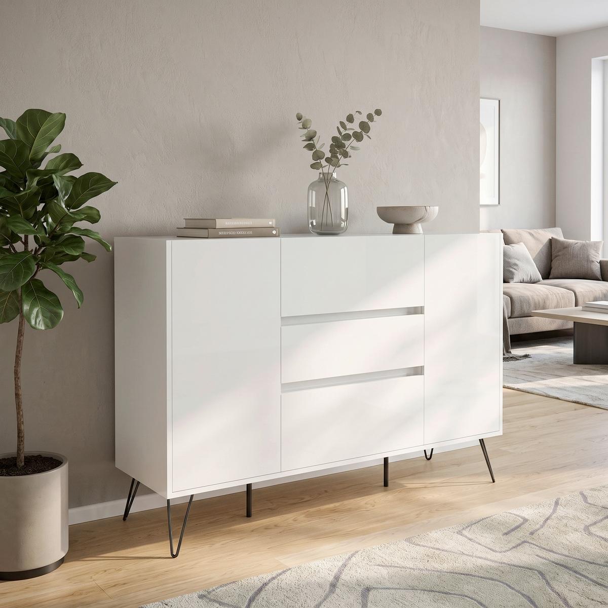 Sideboard Posseik Industrial Weiß B: 140 cm - Weiß Hochglanz/Schwarz, Design, Holzwerkstoff (140/93,6/42cm) - MID.YOU