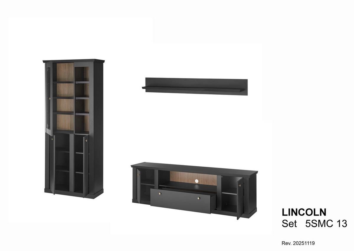 Wohnwand Lincoln Schwarz/Eichefarben B: 301cm - Eichefarben/Schwarz, Design, Holzwerkstoff (301/200/42cm) - MID.YOU