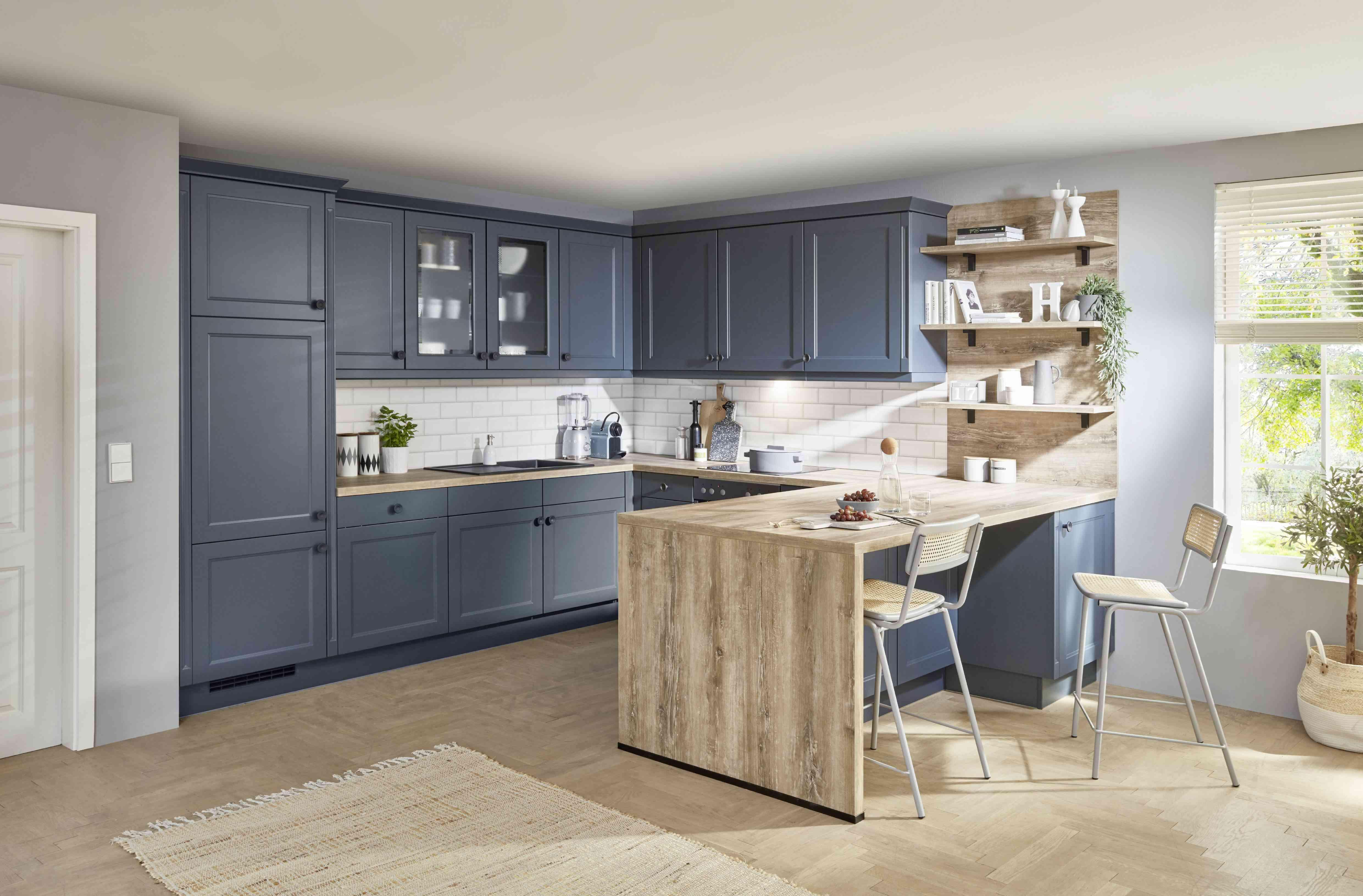 Einbauküche Columbia Frei Planbar Landhausstil - Blau/Eichefarben, MODERN, Holzwerkstoff - Vertico