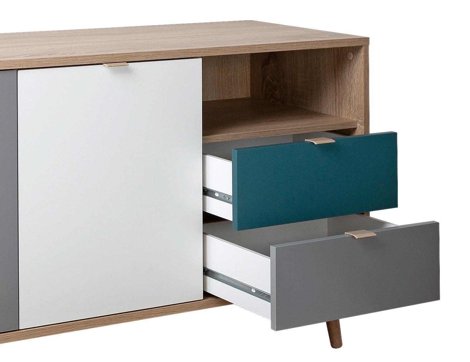 Modernes Sideboard mit Fronten in Grau, Weiß und Petrol