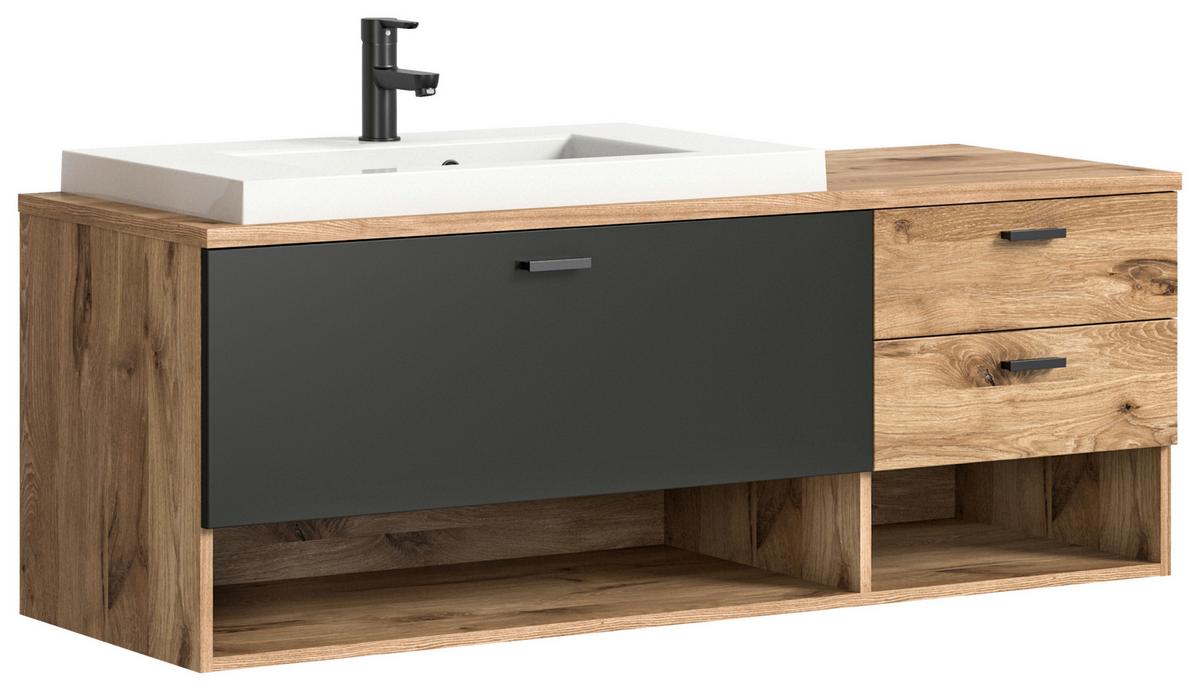 Badezimmer Grado Eiche Dekor/Grau - Weiß Hochglanz/Grau, MODERN, Glas/Keramik (182cm) - MID.YOU