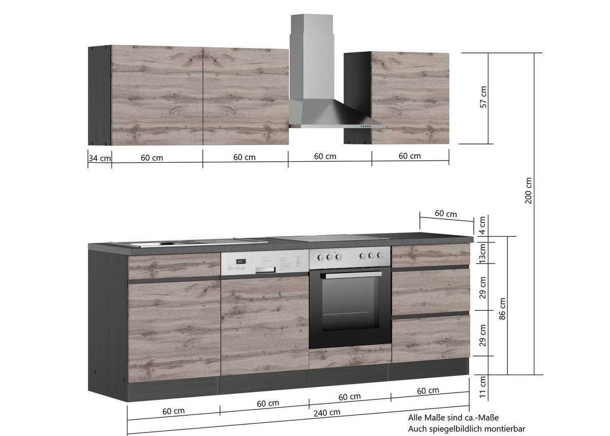 Küchenzeile Turin Mit Geräten B: 240cm Grau/wotaneiche Dekor - Eiche Wotan/Grau, Design, Holzwerkstoff (240cm) - Held