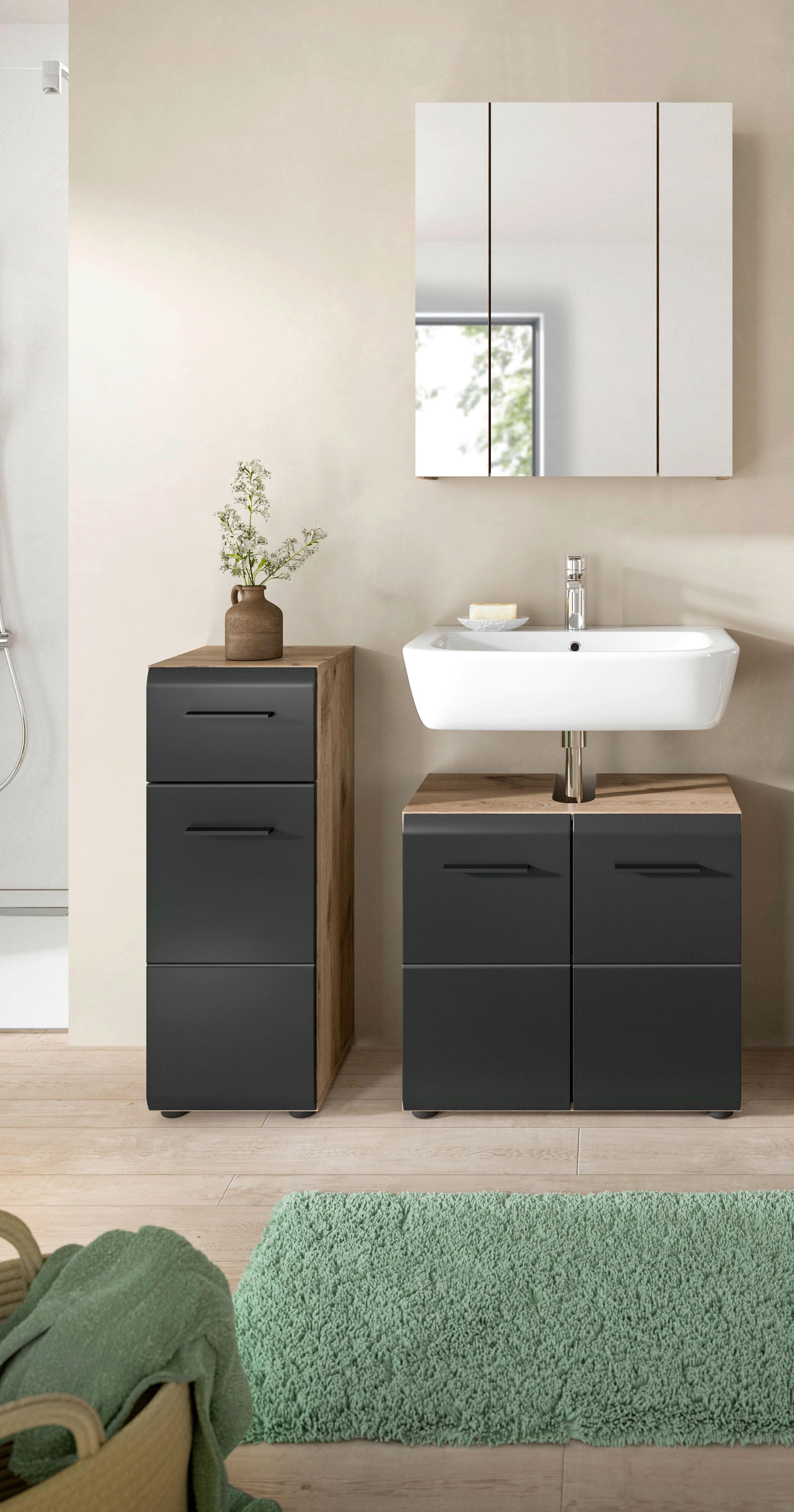 Badezimmer Ice Schwarz/Eiche Dekor B: 90cm - Eiche dunkel/Schwarz, Basics, Holzwerkstoff (90cm) - MID.YOU