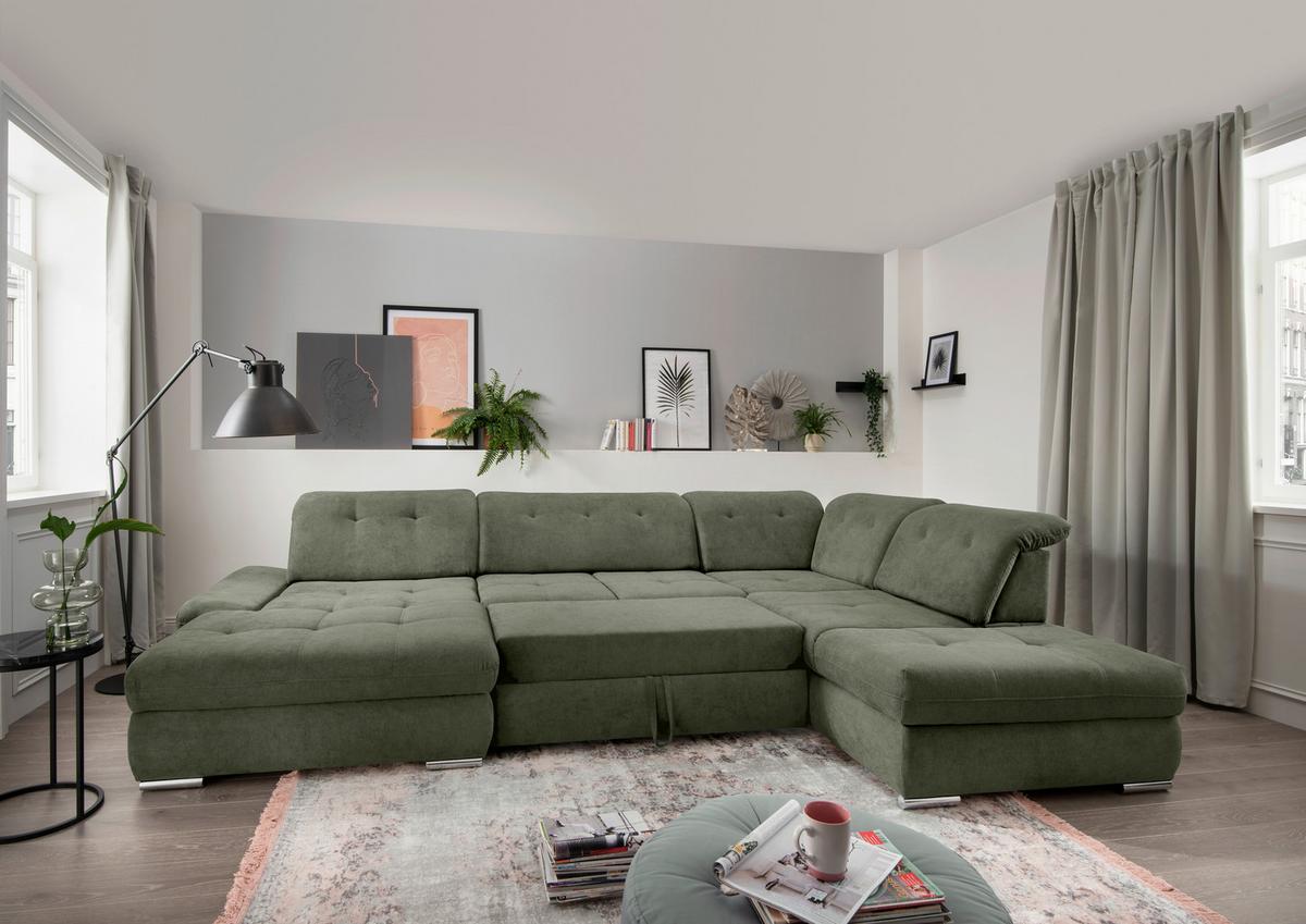 Wohnlandschaft Dalida Dunkelgrün U: 195x376x254 Cm - Chromfarben/Dunkelgrün, Design, Textil (195/376/254cm) - Livetastic