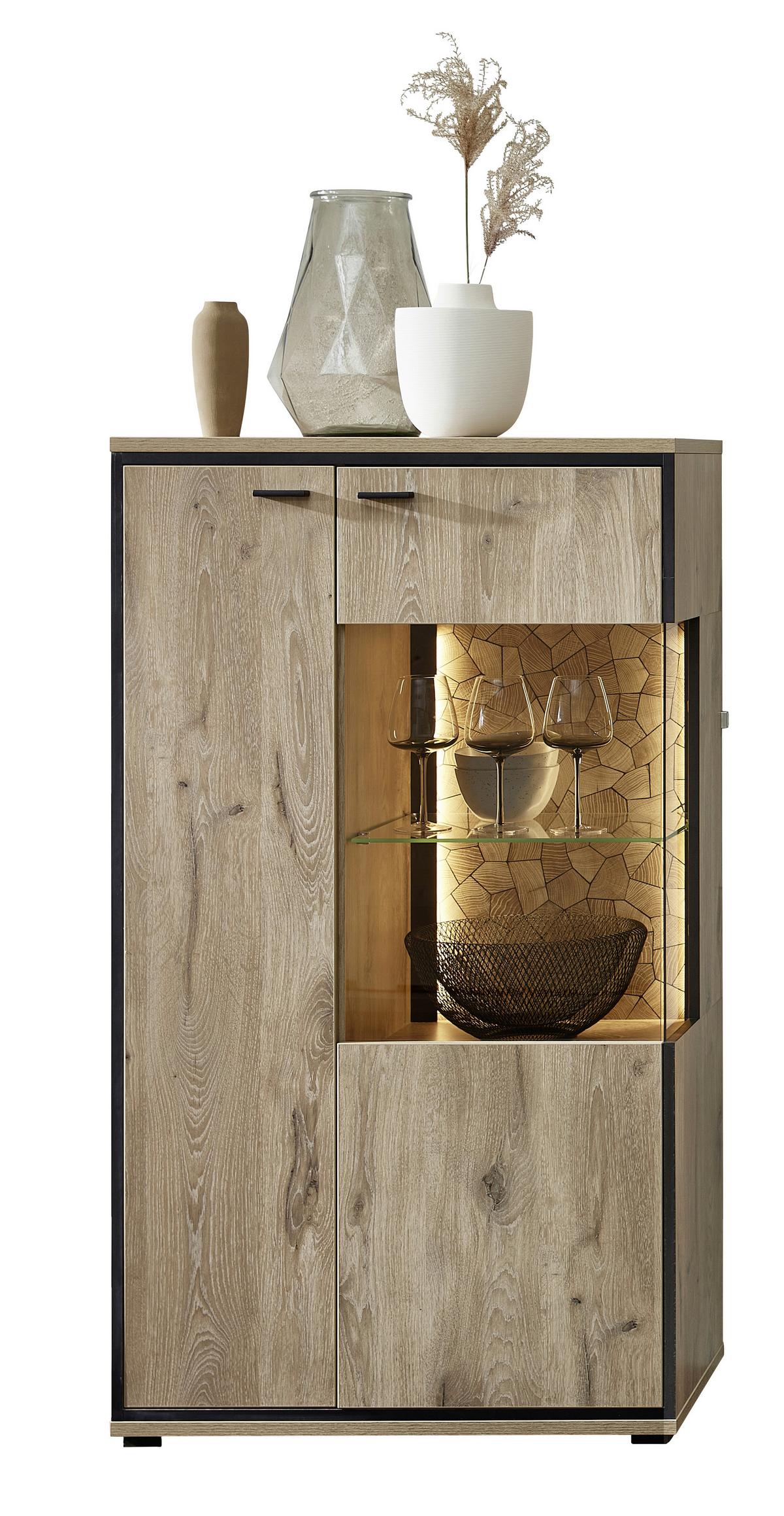 Vitrine Ruben - Eichefarben/Schwarz, KONVENTIONELL, Glas/Holzwerkstoff (80/144/40cm) - Livetastic