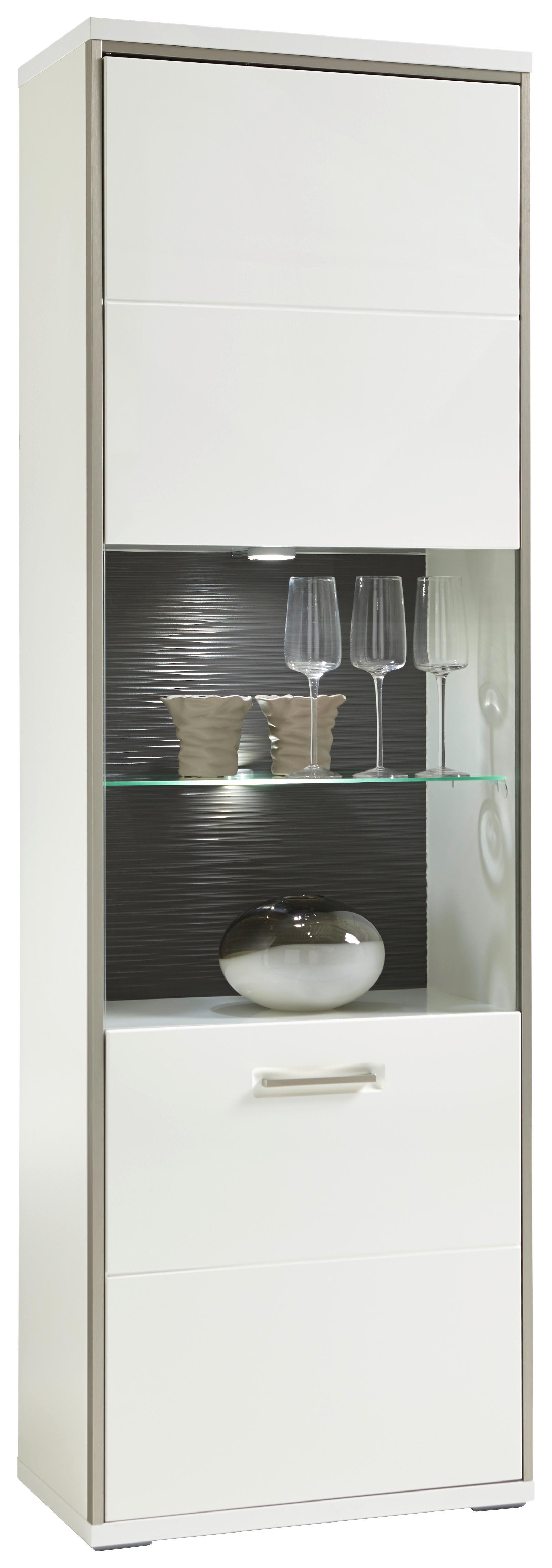 Vitrine B: 64 cm Trento Grau/Silberfarben/Weiß - Weiß Hochglanz/Silberfarben, Design, Glas/Holzwerkstoff (64/201/38cm) - Livetastic