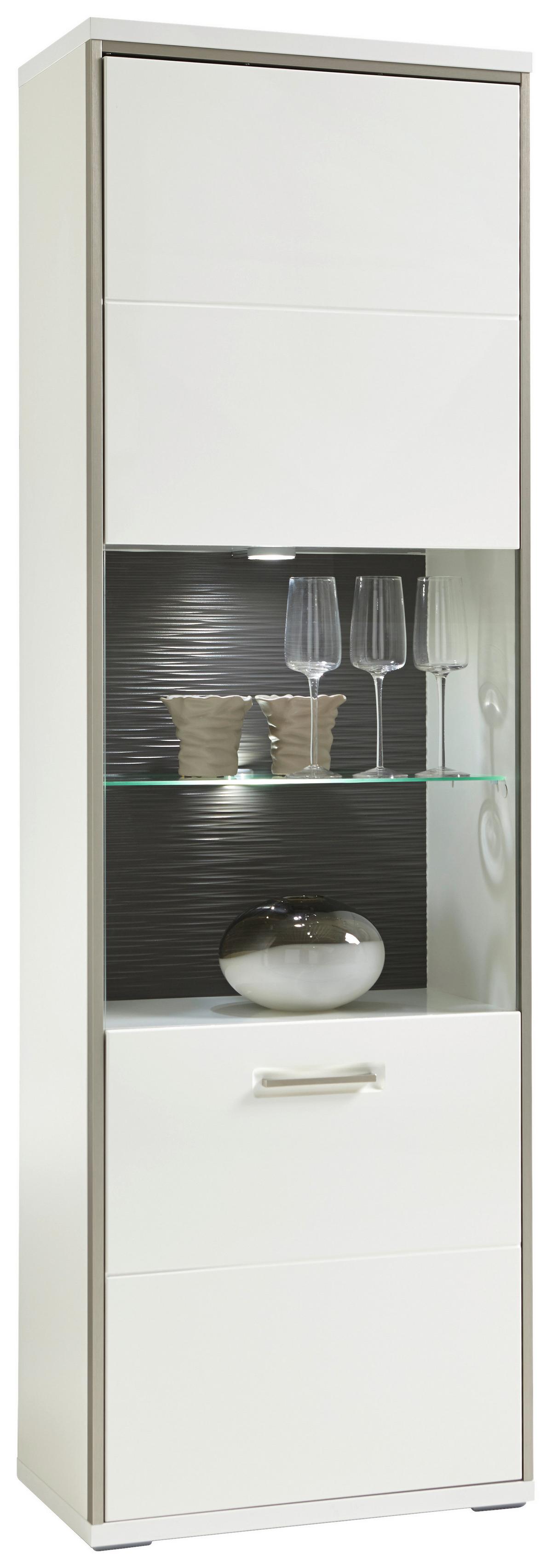 Vitrine B: 64 cm Trento Grau/Silberfarben/Weiß - Weiß Hochglanz/Silberfarben, Design, Glas/Holzwerkstoff (64/201/38cm) - Livetastic