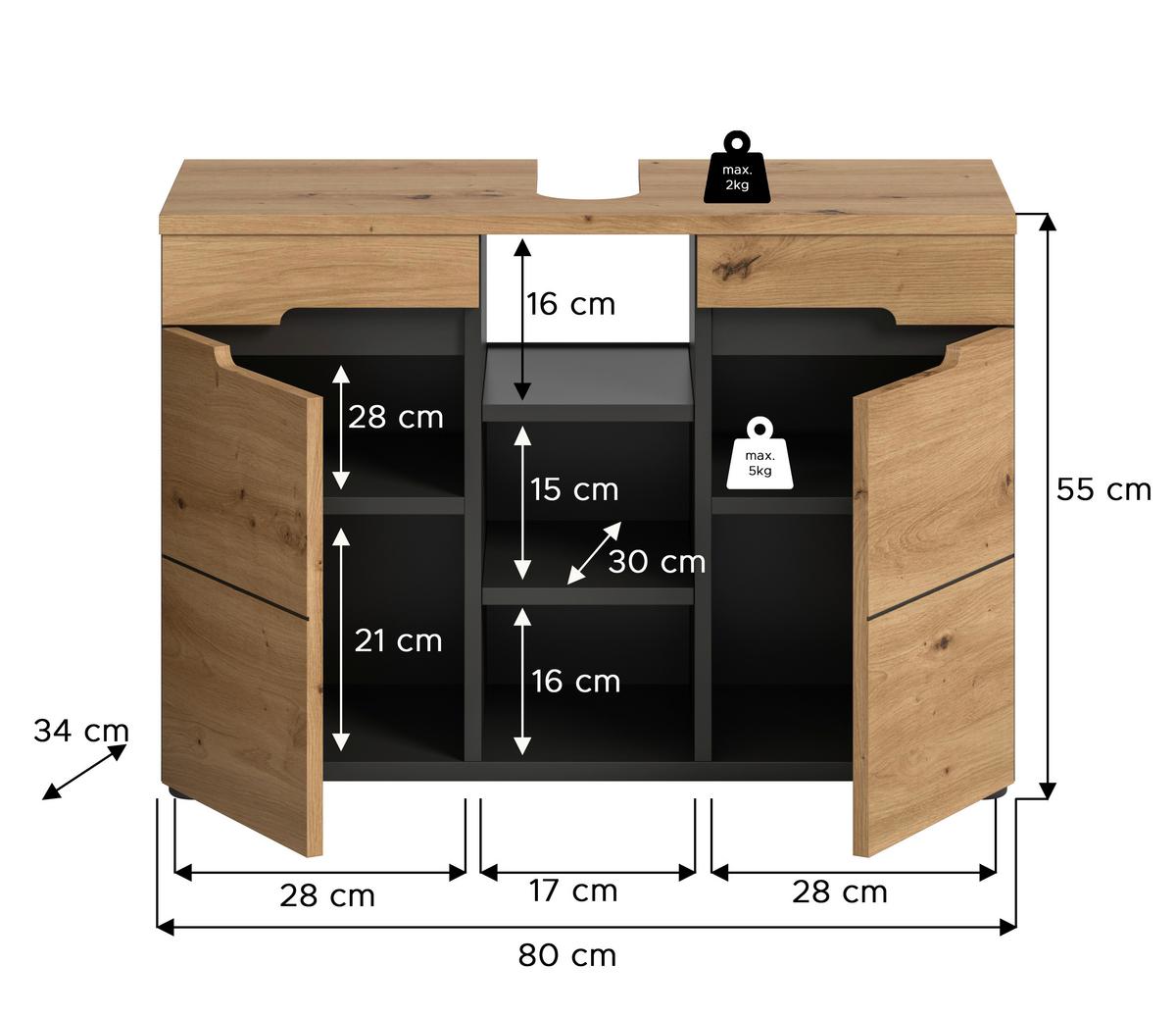 Waschbeckenunterschrank Canu Eiche Artisan Dekor Dunkelgrau - Dunkelgrau/Schwarz, MODERN, Holzwerkstoff (80/55/34cm) - MID.YOU