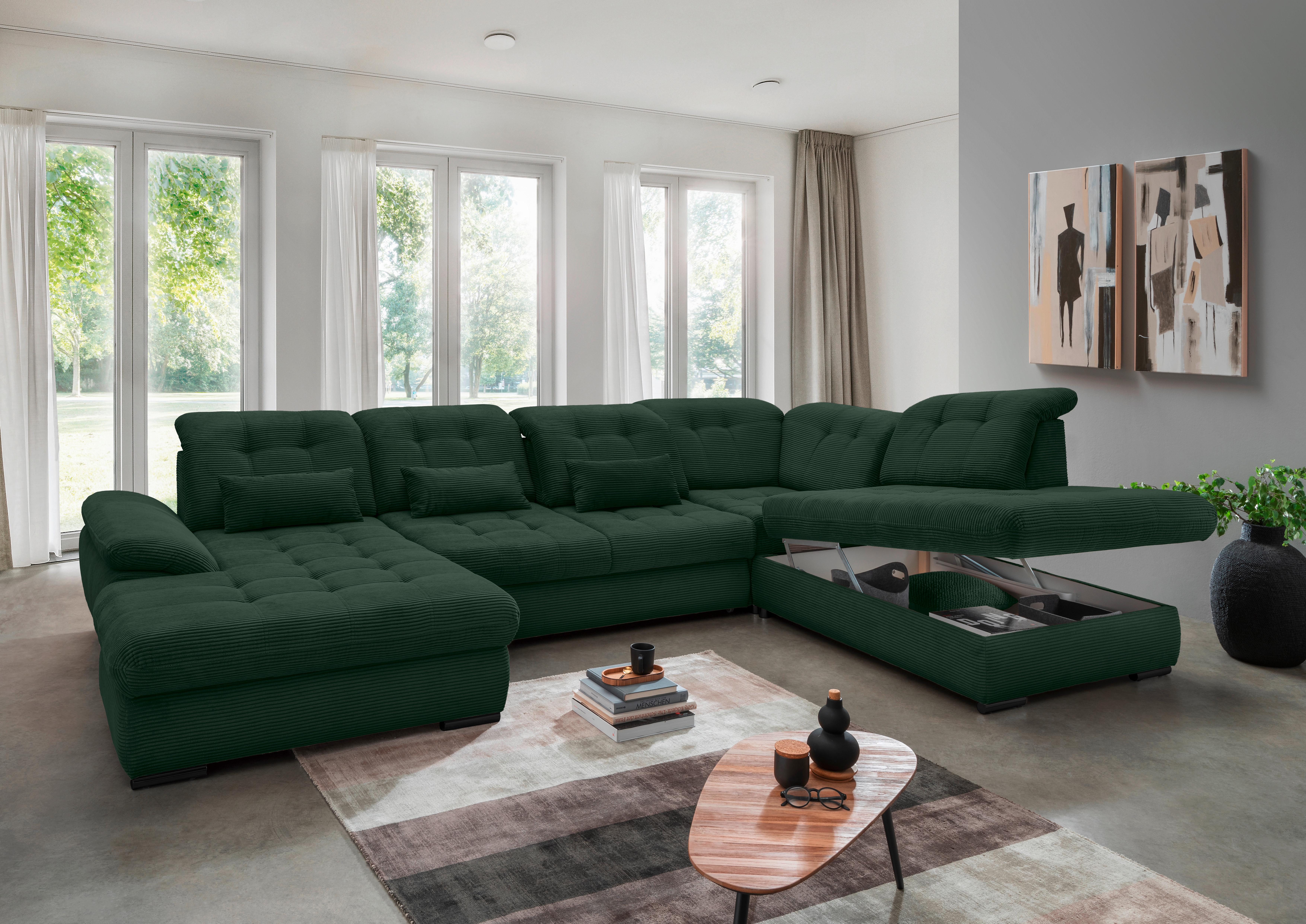 Wohnlandschaft mit Bettkasten Rigatti Dunkelgrün B: 387 cm - Dunkelgrün/Schwarz, MODERN, Textil (184/387/252cm) - Livetastic