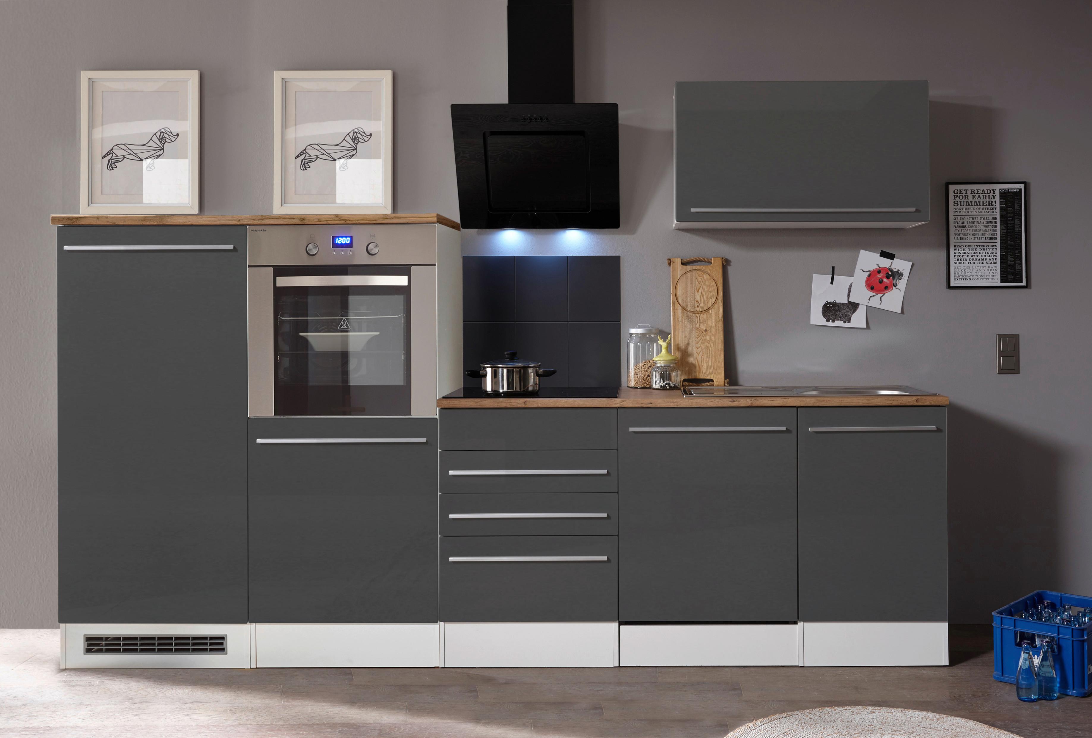 Küchenzeile Premium mit Geräte B: 290cm Grau/Weiß/Eiche Dekor - Wildeiche/Eichefarben, Basics, Holzwerkstoff (290cm) - Respekta