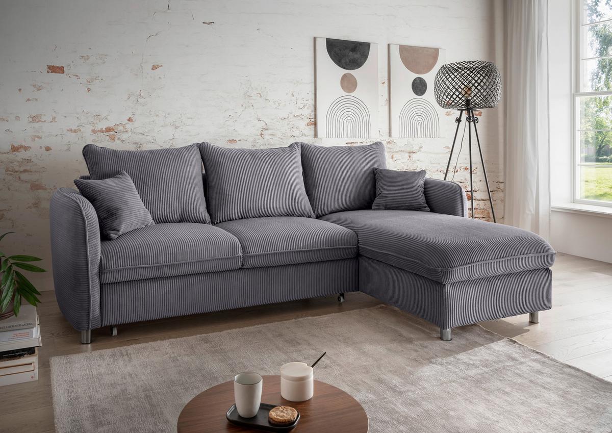 Eckschlafsofa Lauritio Grau S: 254x160 cm - Chromfarben/Grau, MODERN, Textil (254/160cm) - Livetastic