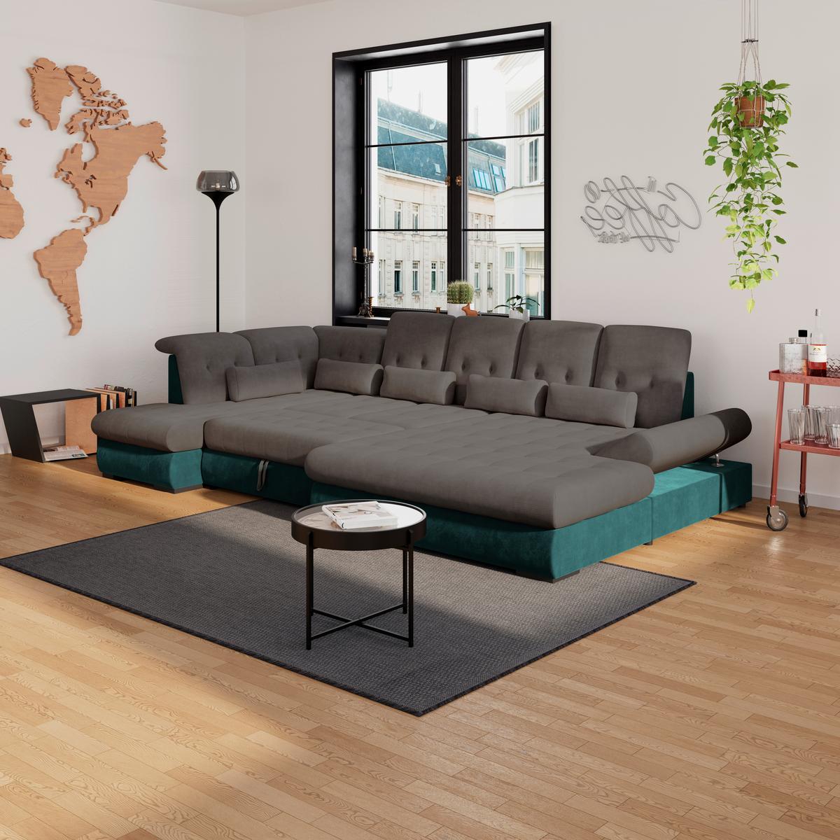 Wohnlandschaft Madera Anthrazit S: 212x358 cm - Türkis/Anthrazit, KONVENTIONELL, Kunststoff/Textil (212/358/190cm)