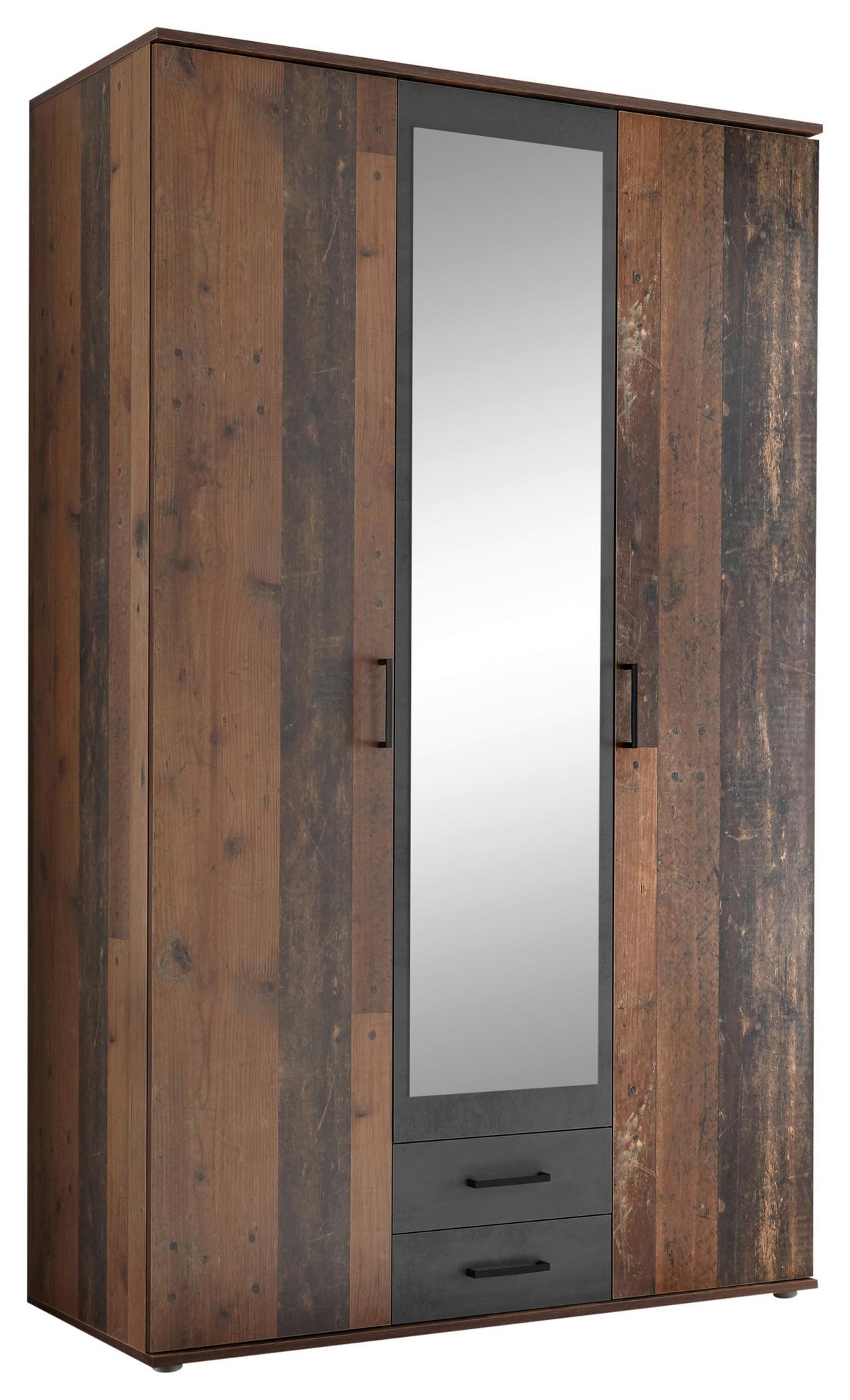 Kleiderschrank aus Holzdekor mit eiche- und akaziefarbenen Oberflächen, drei Türen und Spiegel