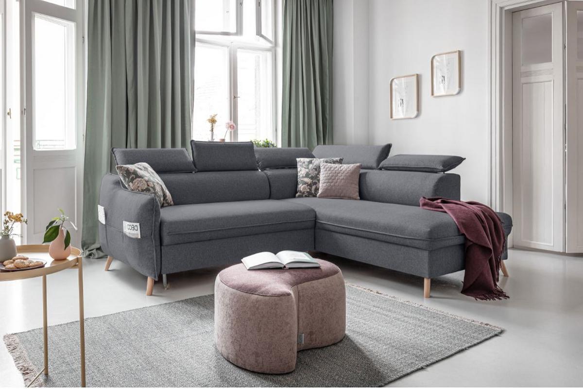 Rozkládací sedačka Simone, pravé provedení - šedá/přírodní barvy, Moderní, dřevo/textil (253/82/95/208cm)