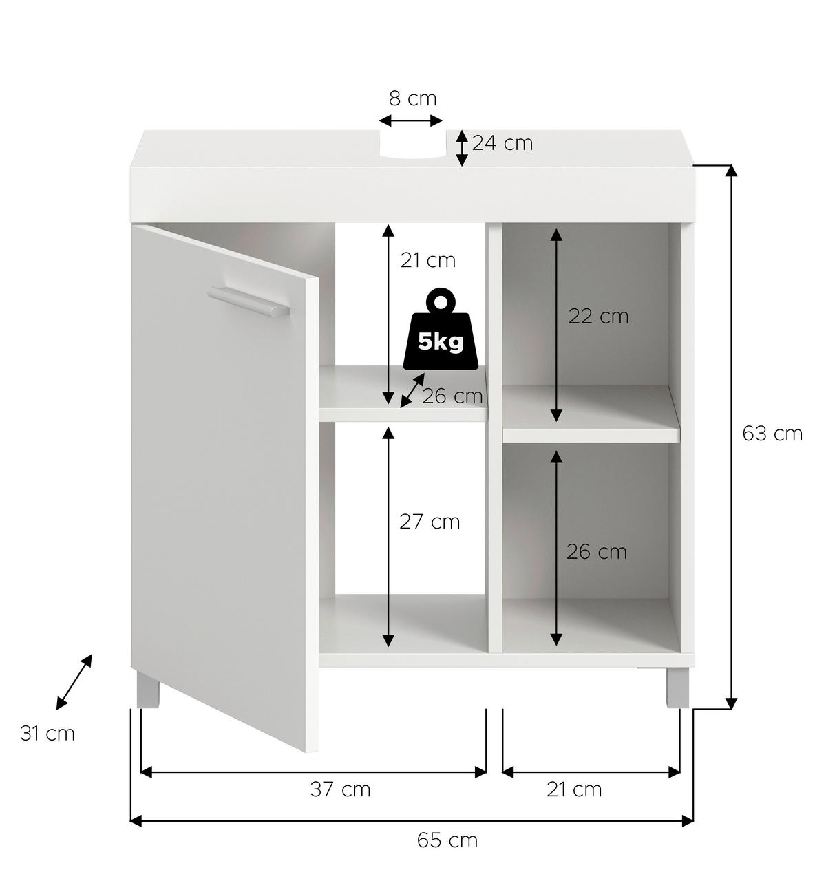 Waschbeckenunterschrank Noah Weiß B: 65cm - Silberfarben/Weiß, Trend, Holzwerkstoff (65/63/31cm) - MID.YOU